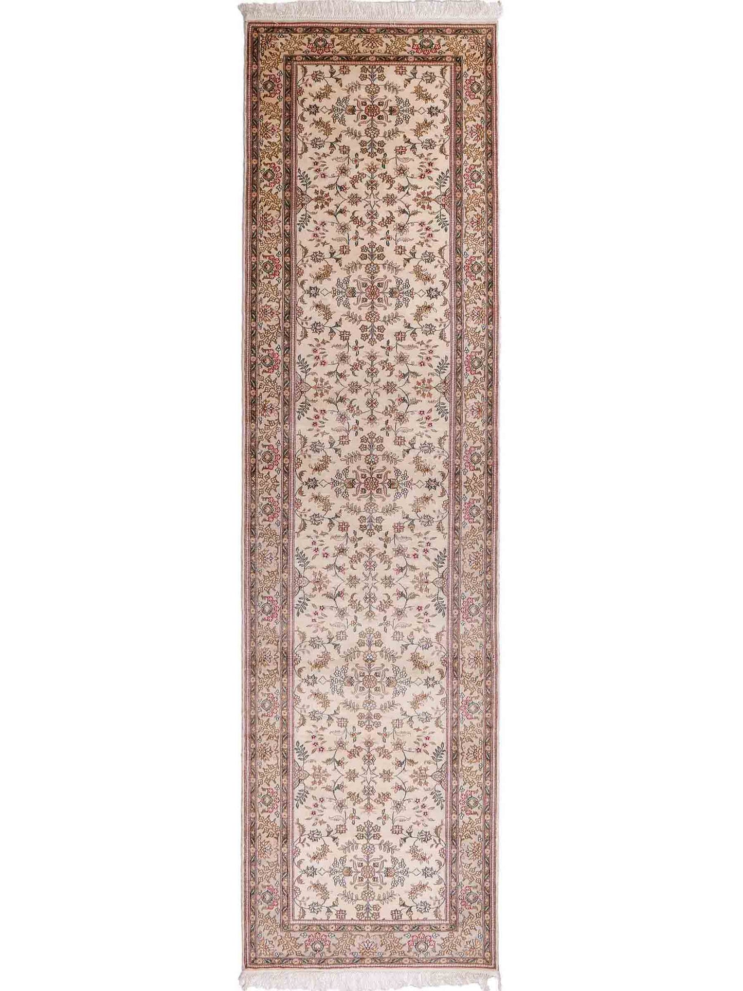 Sehr feiner, handgeknüpfter, chinesischer Hereke Orientteppich Läufer aus gesponnener Seide von Khademi, creme, weiß. 303x79 cm. Verkauf durch Jupiter Intl.