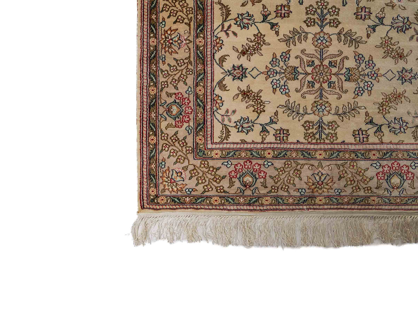 Sehr feiner, handgeknüpfter, chinesischer Hereke Orientteppich Läufer aus gesponnener Seide von Khademi, creme, weiß. 303x79 cm. Verkauf durch Jupiter Intl.