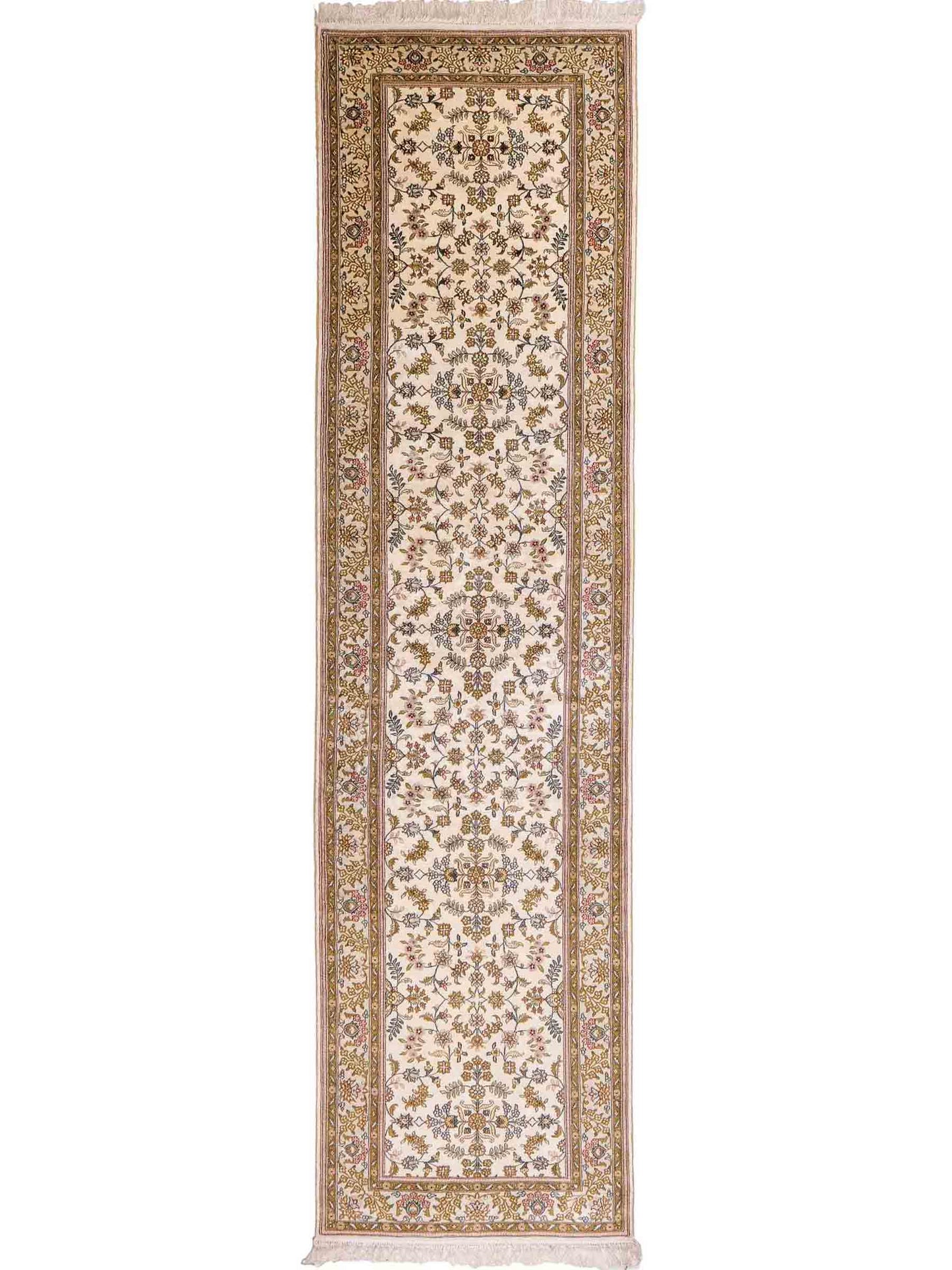 Sehr feiner, handgeknüpfter, chinesischer Hereke Orientteppich Läufer aus gesponnener Seide mit Allover-Design von Khademi, creme, weiß. 307x79 cm. Verkauf durch Jupiter Intl.