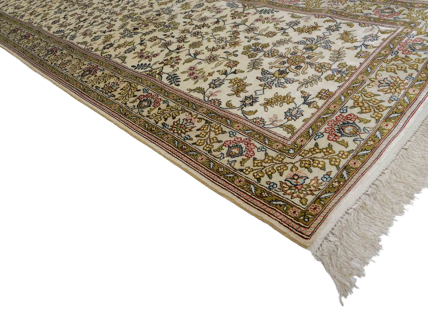 Sehr feiner, handgeknüpfter, chinesischer Hereke Orientteppich Läufer aus gesponnener Seide mit Allover-Design von Khademi, creme, weiß. 307x79 cm. Verkauf durch Jupiter Intl.