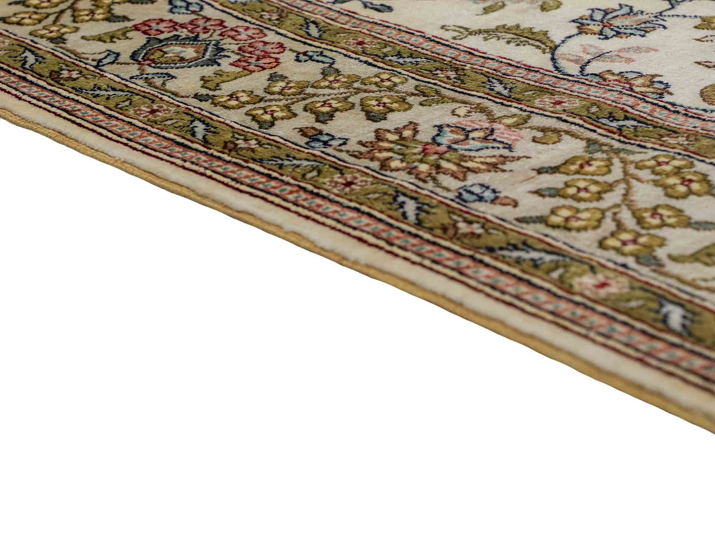 Sehr feiner, handgeknüpfter, chinesischer Hereke Orientteppich Läufer aus gesponnener Seide mit Allover-Design von Khademi, creme, weiß. 307x79 cm. Verkauf durch Jupiter Intl.