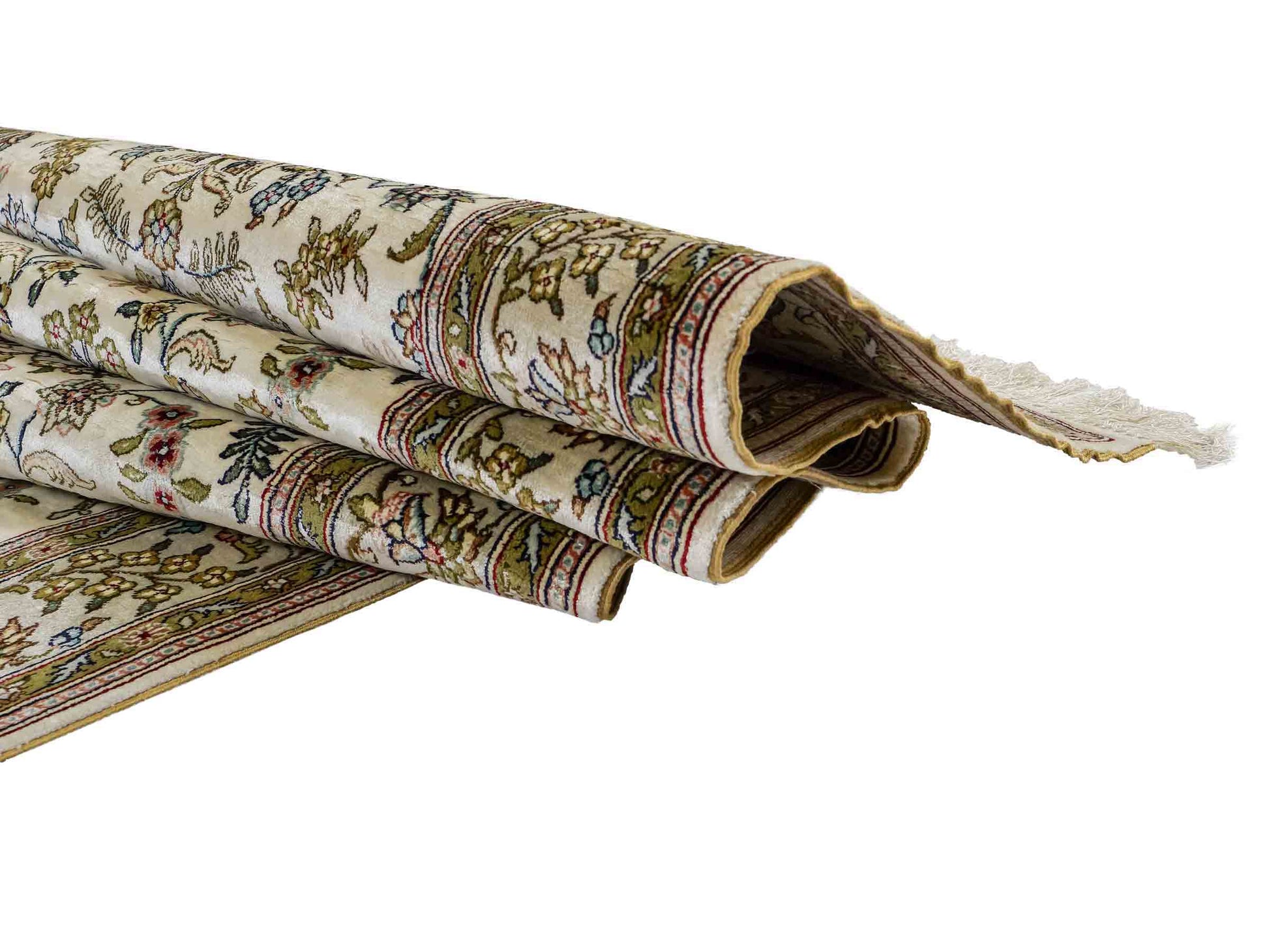 Sehr feiner, handgeknüpfter, chinesischer Hereke Orientteppich Läufer aus gesponnener Seide mit Allover-Design von Khademi, creme, weiß. 307x79 cm. Verkauf durch Jupiter Intl.