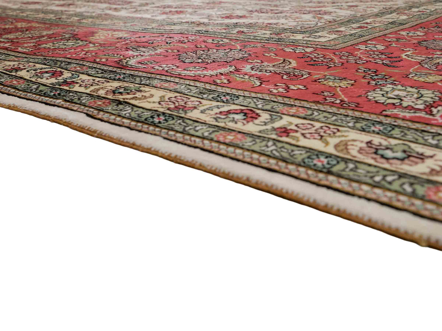 Feiner, handgeknüpfter, chinesischer Hereke Orientteppich aus gesponnener Seide mit Allover-Design von Khademi, creme, weiß, rosa. 363x277 cm. Verkauf durch Jupiter Intl.