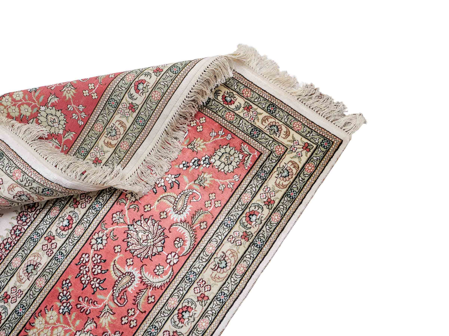 Feiner, handgeknüpfter, chinesischer Hereke Orientteppich aus gesponnener Seide mit Allover-Design von Khademi, creme, weiß, rosa. 363x277 cm. Verkauf durch Jupiter Intl.