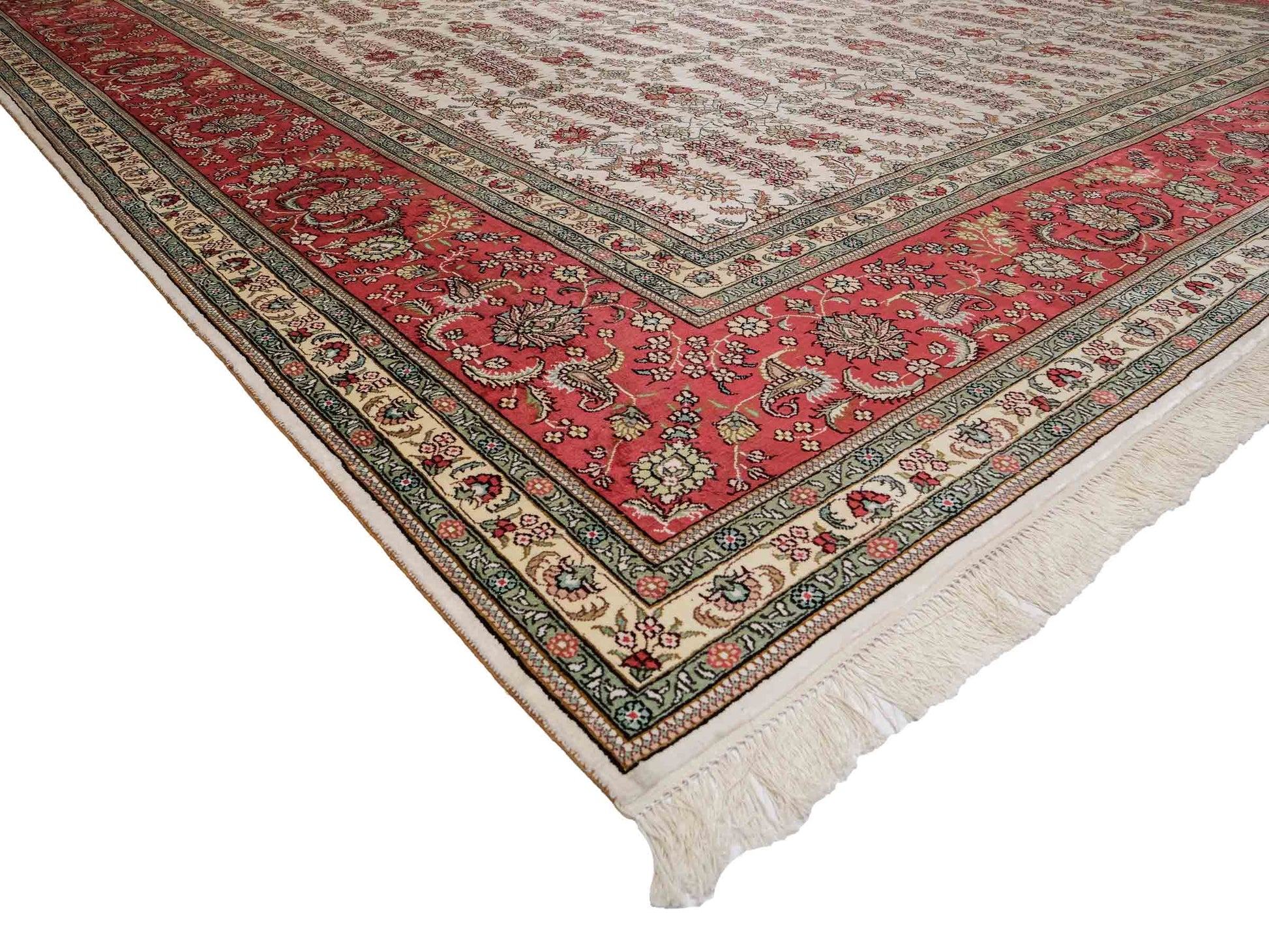 Feiner, handgeknüpfter, chinesischer Hereke Orientteppich aus gesponnener Seide mit Allover-Design von Khademi, creme, weiß, rosa. 363x277 cm. Verkauf durch Jupiter Intl.