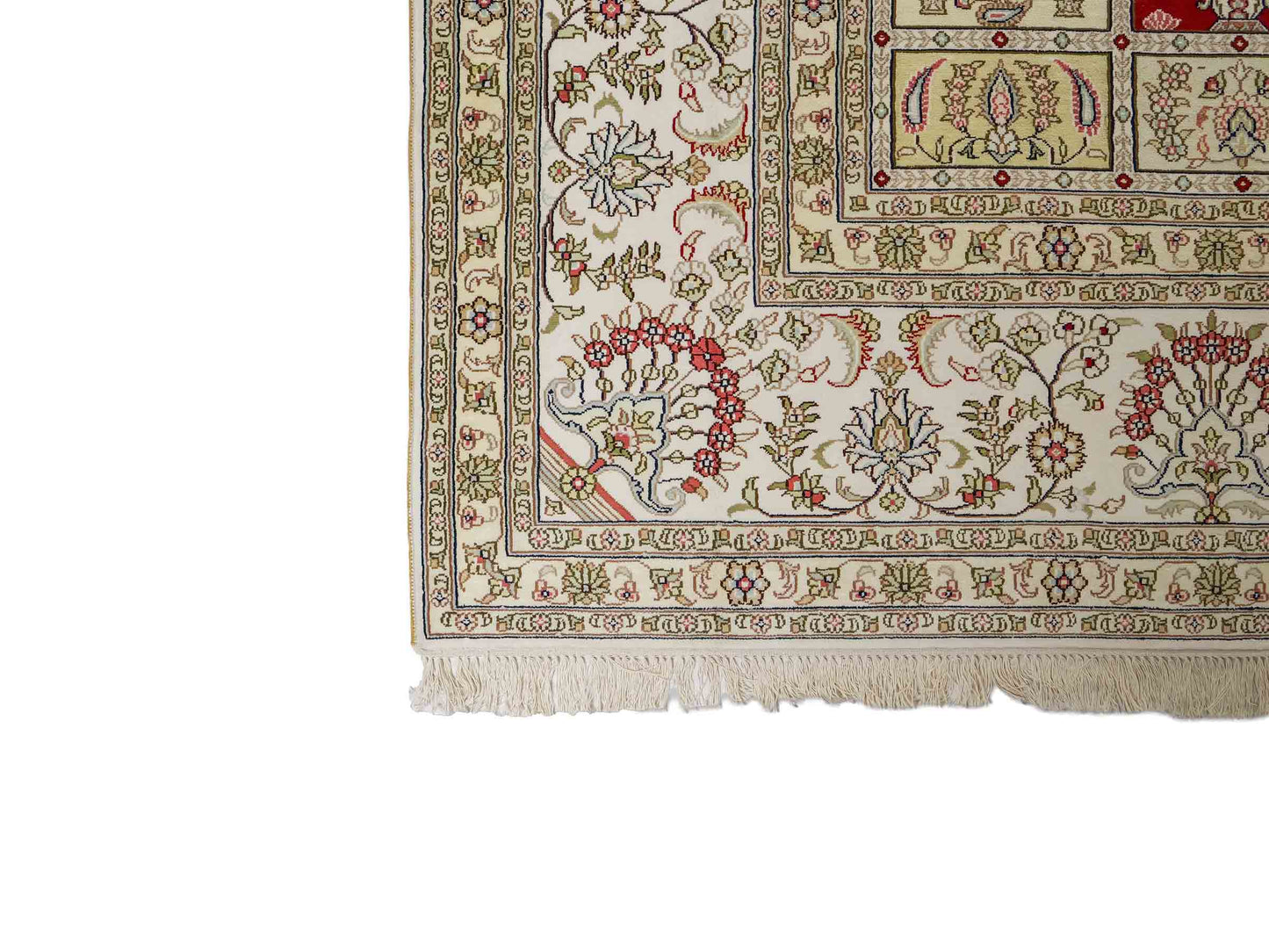 Feiner, handgeknüpfter, chinesischer Orientteppich mit Hereke Design aus Viskose, creme, weiß, rot, blau. 363x277 cm. Verkauf durch Jupiter Intl.