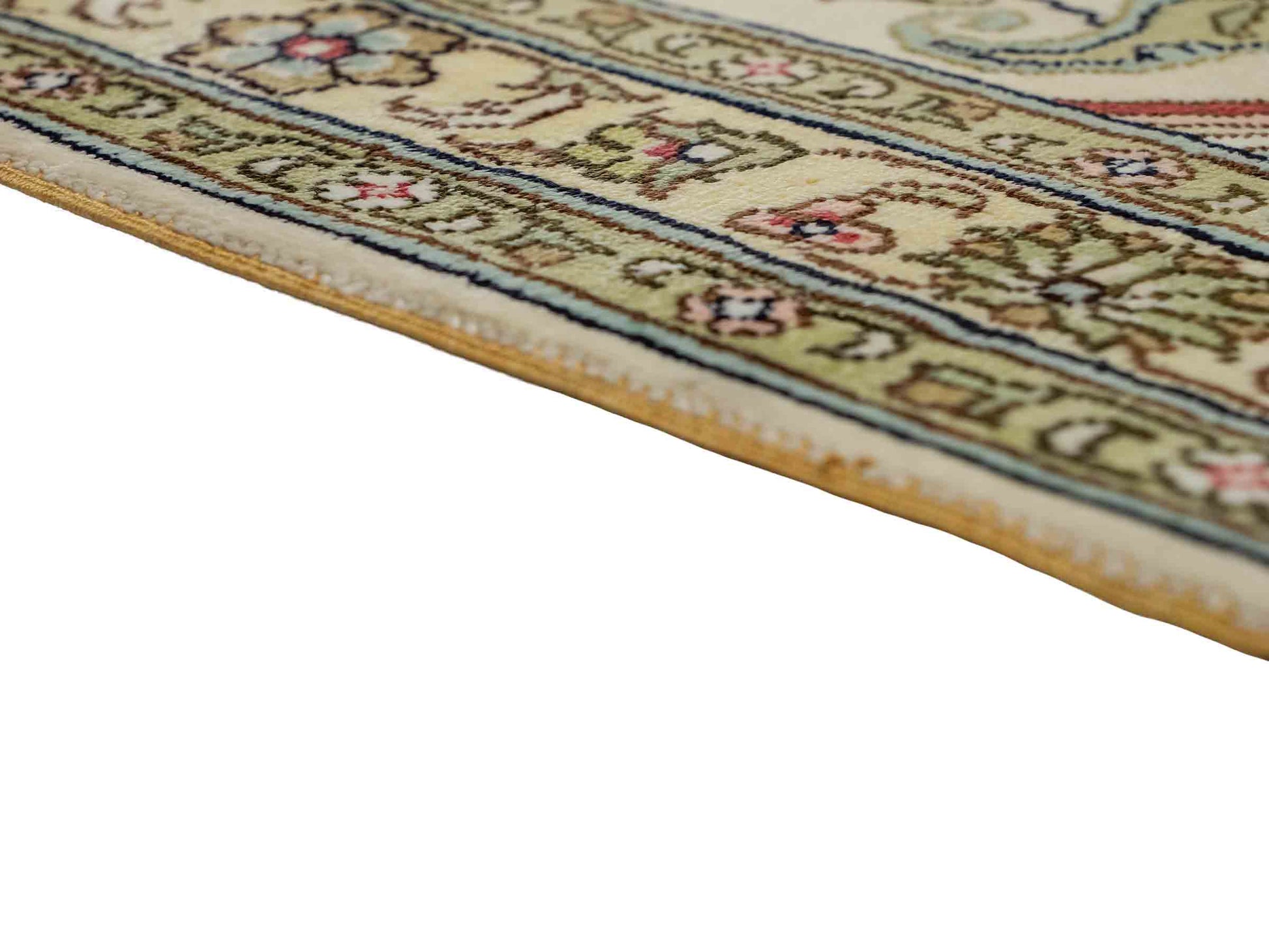 Feiner, handgeknüpfter, chinesischer Hereke Orientteppich aus gesponnener Seide mit Feldmuster von Khademi, creme, weiß, rot, blau. 365x280 cm. Verkauf durch Jupiter Intl.