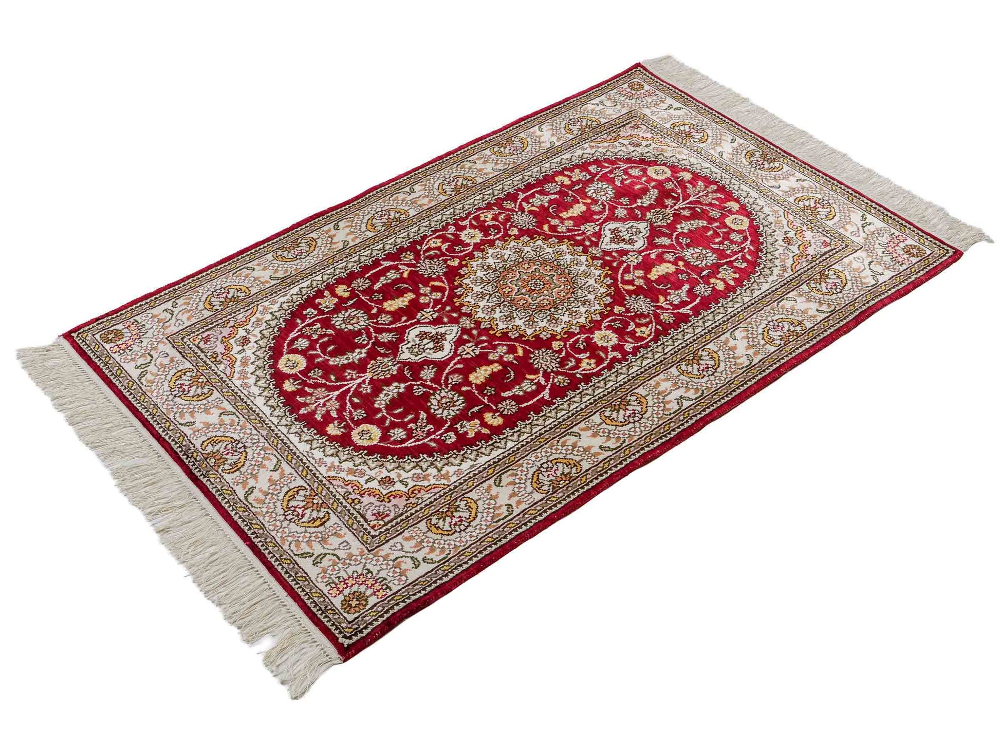 Feiner, handgeknüpfter, chinesischer Orientteppich mit Hereke Design aus Kunstseide, rot, weiß, creme. 120x75 cm. Verkauf durch Jupiter Intl.