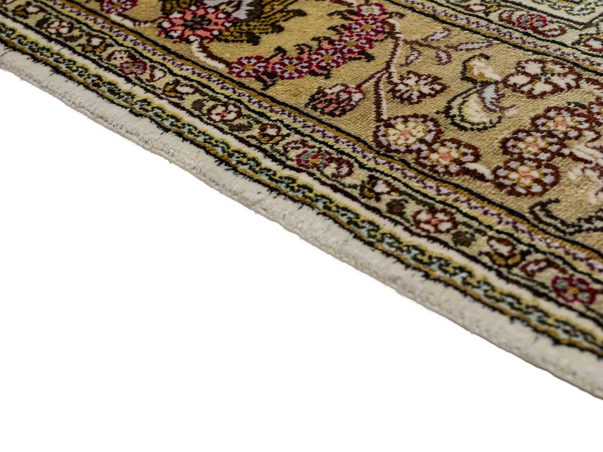 Feiner, handgeknüpfter, chinesischer Orientteppich mit Hereke Design aus Kunstseide, weiß, creme, beige. 179x124 cm. Verkauf durch Jupiter Intl.