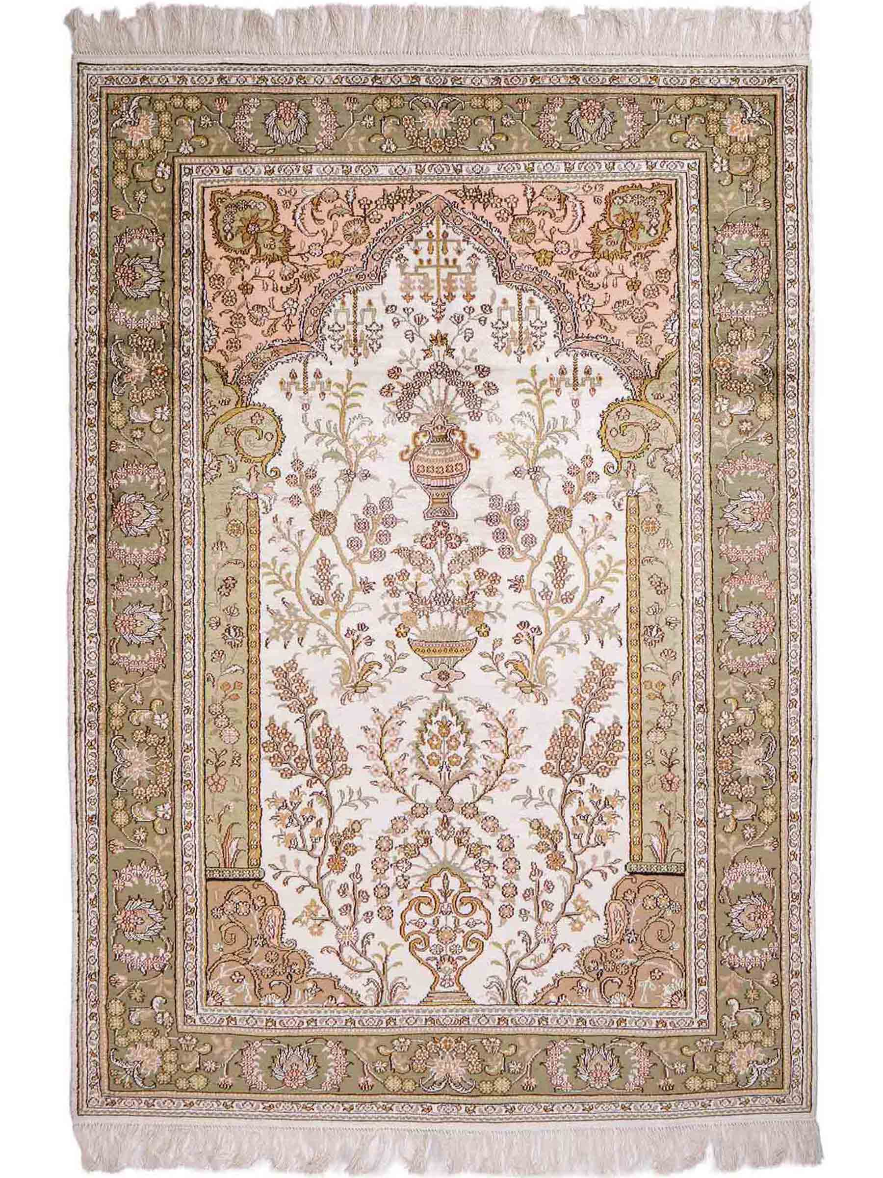 Feiner, handgeknüpfter, chinesischer Orientteppich mit Hereke Design aus Kunstseide, grün, creme, weiß. 181x123 cm. Verkauf durch Jupiter Intl.