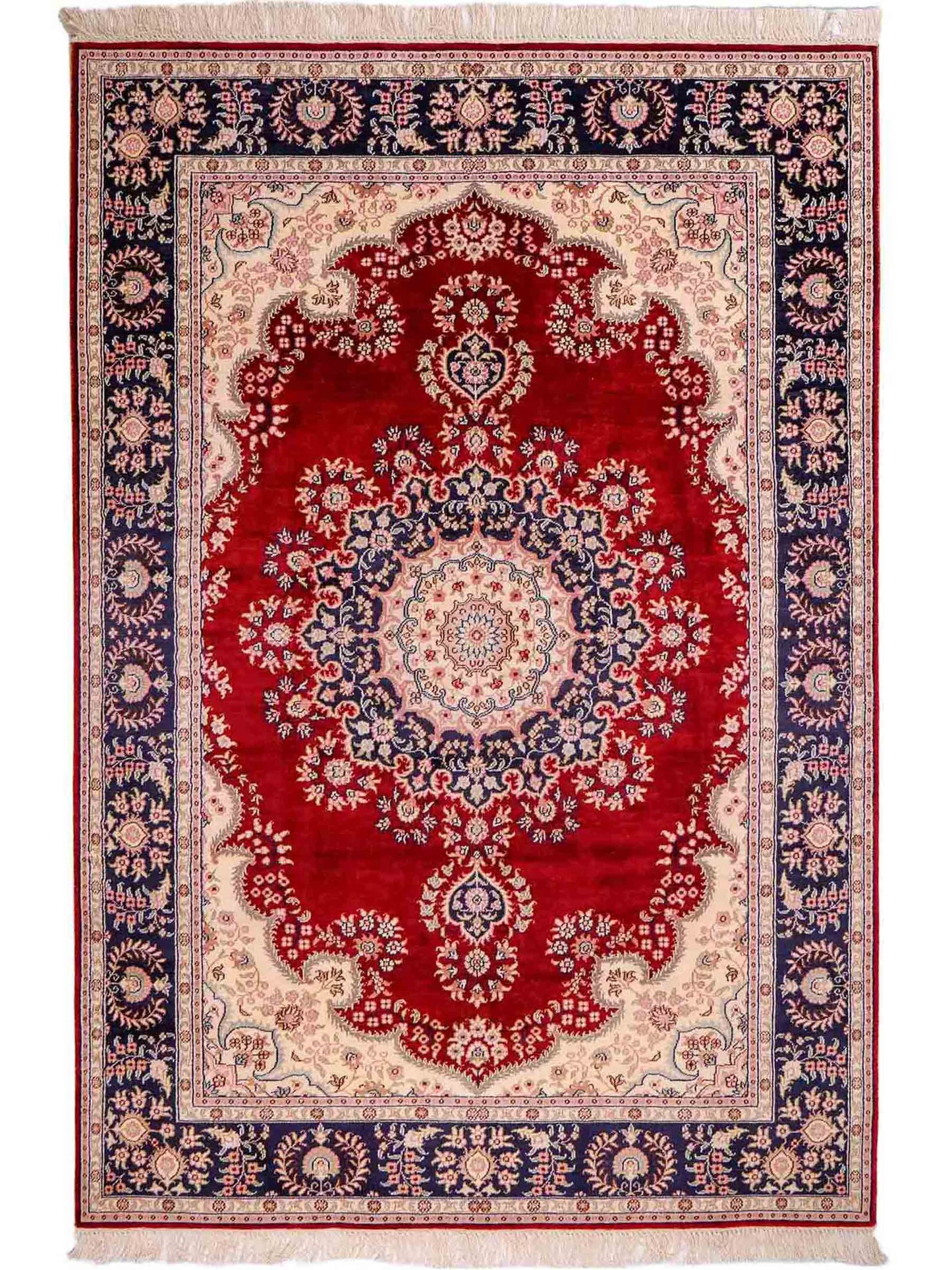 Feiner, handgeknüpfter, chinesischer Orientteppich mit Hereke Design aus Kunstseide, rot, creme, blau. 186x121 cm. Verkauf durch Jupiter Intl.
