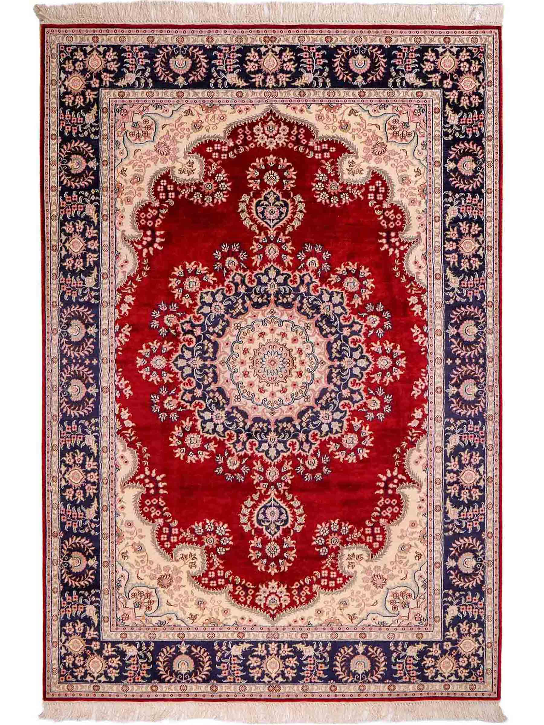 Feiner, handgeknüpfter, chinesischer Orientteppich mit Hereke Design aus Kunstseide, rot, creme, blau. 186x121 cm. Verkauf durch Jupiter Intl.