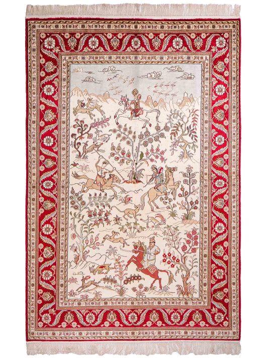 Feiner, handgeknüpfter Art Hereke aus Kunstseide. Ursprung China. Größe: 189 x 120 cm. Hauptfarben: Weiß, Creme, Rot. Vertrieb durch JUPITER Intl.