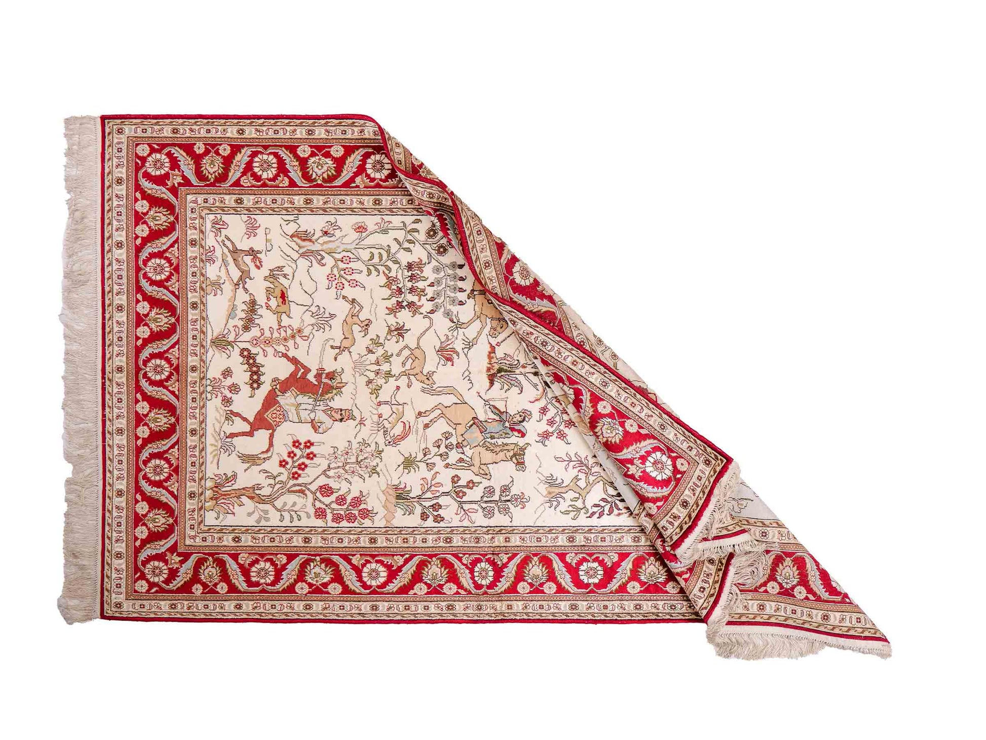 Feiner, handgeknüpfter Art Hereke aus Kunstseide. Ursprung China. Größe: 189 x 120 cm. Hauptfarben: Weiß, Creme, Rot. Vertrieb durch JUPITER Intl.