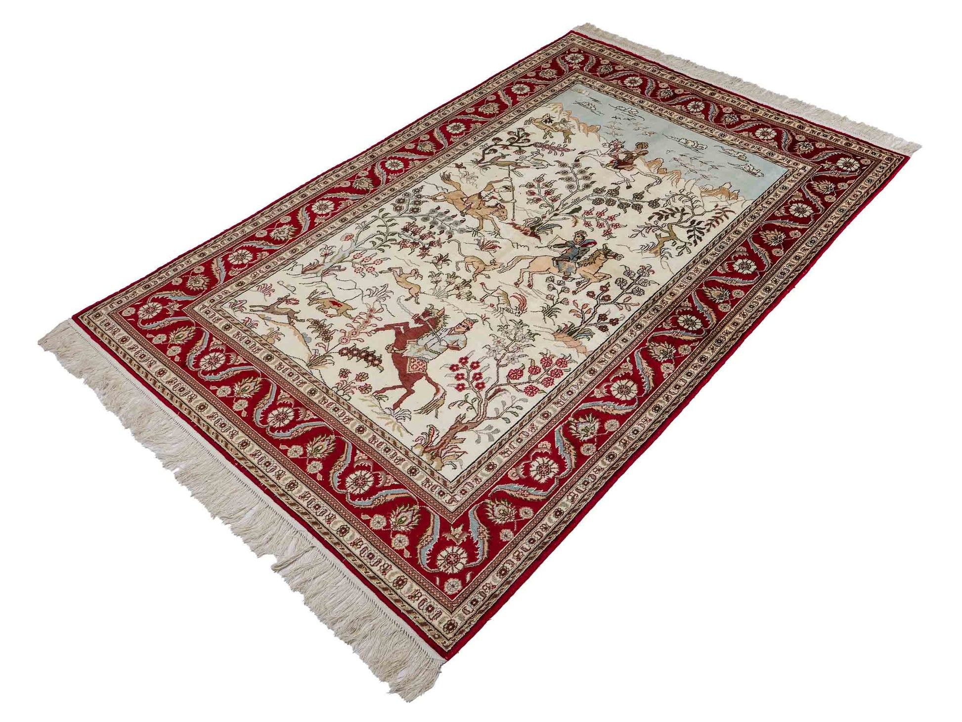 Feiner, handgeknüpfter Art Hereke aus Kunstseide. Ursprung China. Größe: 189 x 120 cm. Hauptfarben: Weiß, Creme, Rot. Vertrieb durch JUPITER Intl.