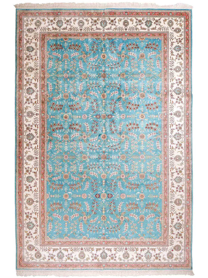Feiner, handgeknüpfter, chinesischer Orientteppich mit Hereke Design aus Kunstseide, blau, weiß. 263x180 cm. Verkauf durch Jupiter Intl.