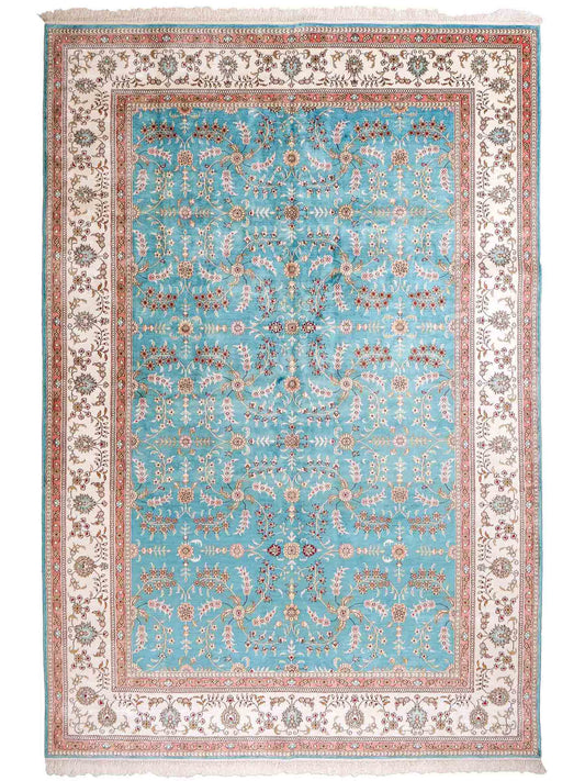 Feiner, handgeknüpfter, chinesischer Orientteppich mit Hereke Design aus Kunstseide, blau, weiß. 263x180 cm. Verkauf durch Jupiter Intl.