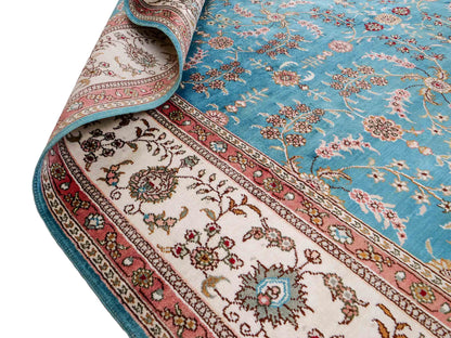 Feiner, handgeknüpfter, chinesischer Orientteppich mit Hereke Design aus Kunstseide, blau, weiß. 263x180 cm. Verkauf durch Jupiter Intl.