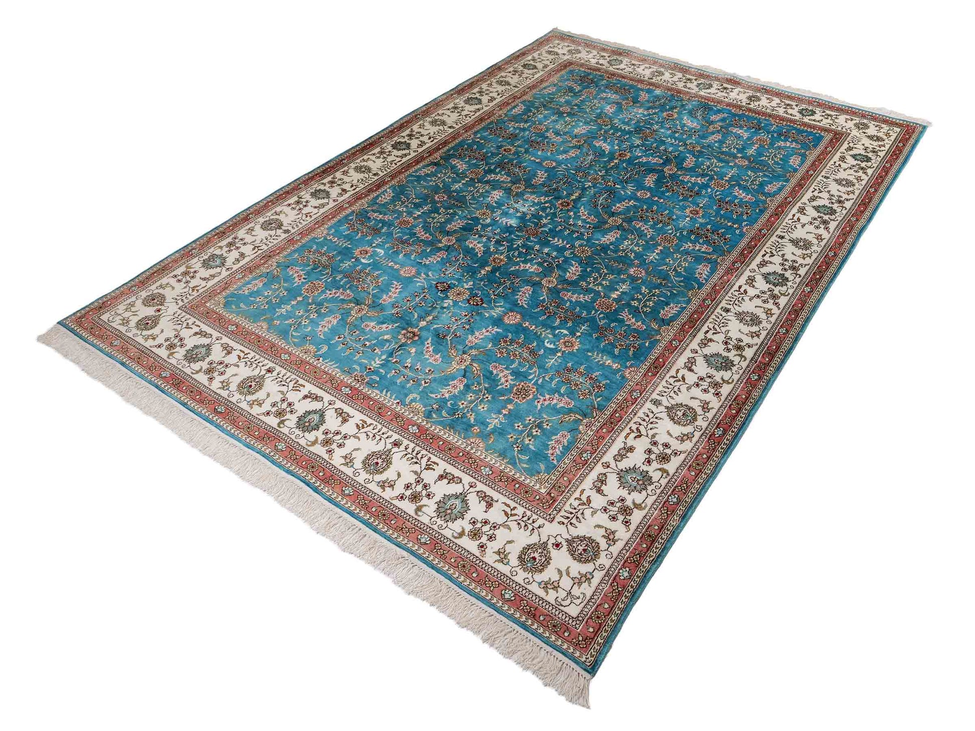 Feiner, handgeknüpfter, chinesischer Orientteppich mit Hereke Design aus Kunstseide, blau, weiß. 263x180 cm. Verkauf durch Jupiter Intl.