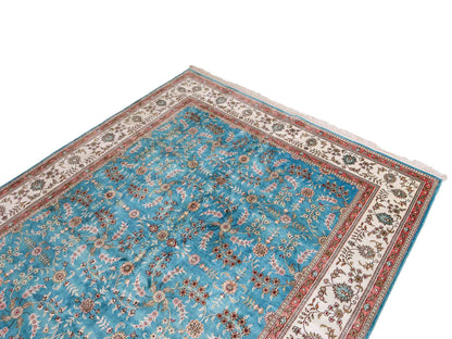 Feiner, handgeknüpfter, chinesischer Orientteppich mit Hereke Design aus Kunstseide, blau, weiß. 263x180 cm. Verkauf durch Jupiter Intl.
