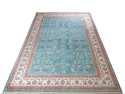 Feiner, handgeknüpfter, chinesischer Orientteppich mit Hereke Design aus Kunstseide, blau, weiß. 263x180 cm. Verkauf durch Jupiter Intl.