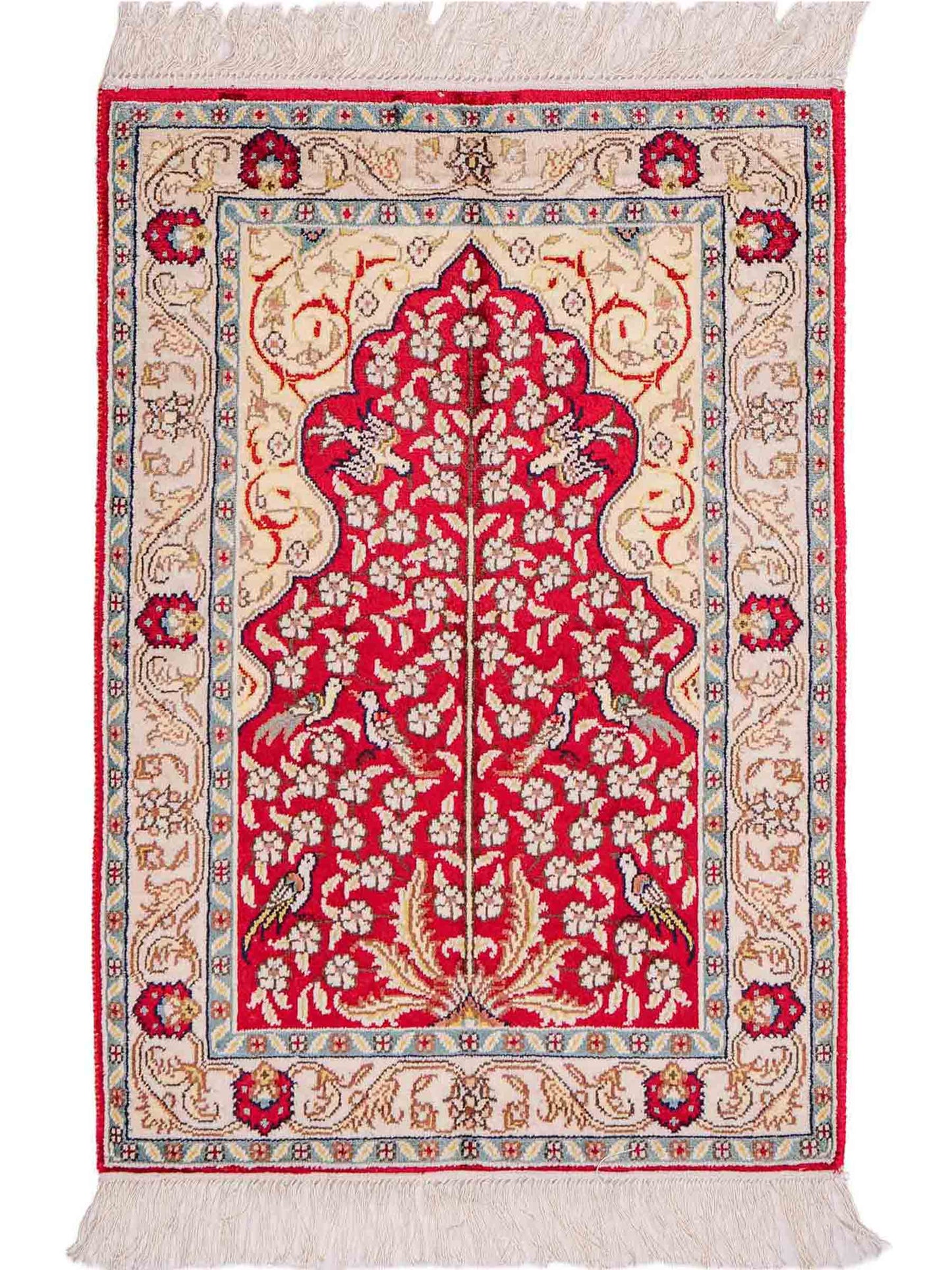 Feiner, handgeknüpfter, chinesischer Orientteppich mit Hereke Design aus Kunstseide, rot, creme, blau. 86x58 cm. Verkauf durch Jupiter Intl.