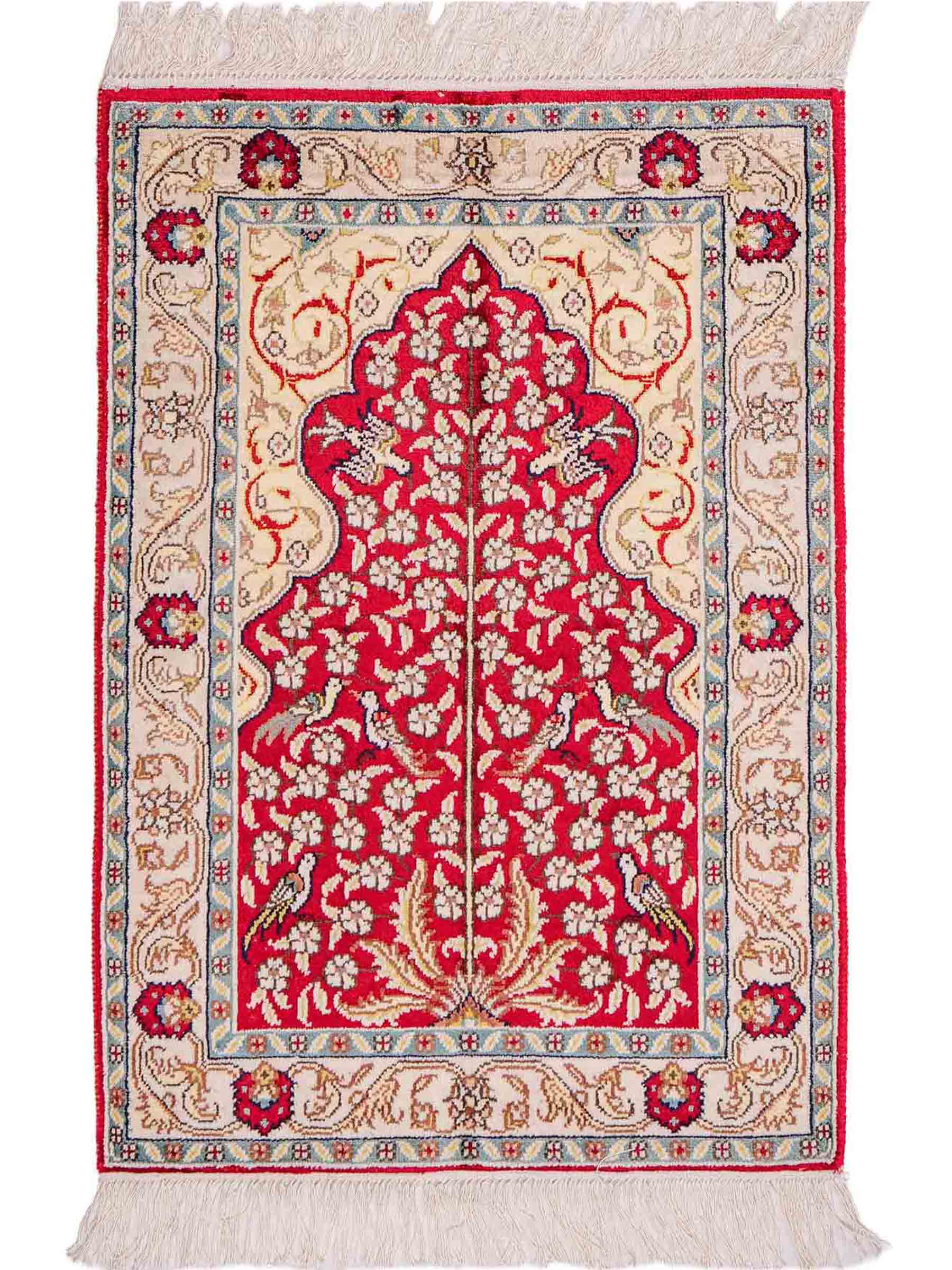 Feiner, handgeknüpfter, chinesischer Orientteppich mit Hereke Design aus Kunstseide, rot, creme, blau. 86x58 cm. Verkauf durch Jupiter Intl.
