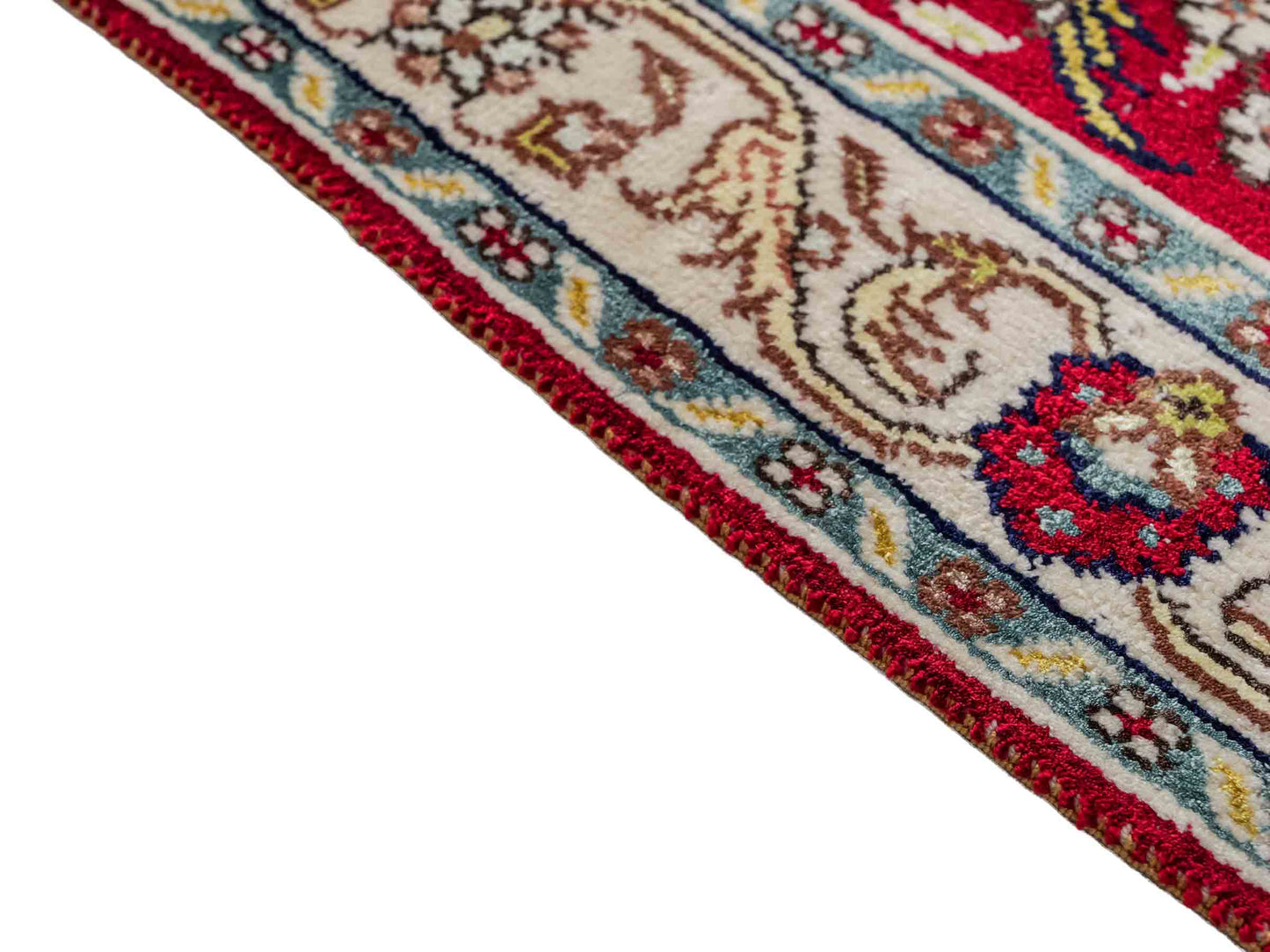 Feiner, handgeknüpfter, chinesischer Orientteppich mit Hereke Design aus Kunstseide, rot, creme, blau. 86x58 cm. Verkauf durch Jupiter Intl.