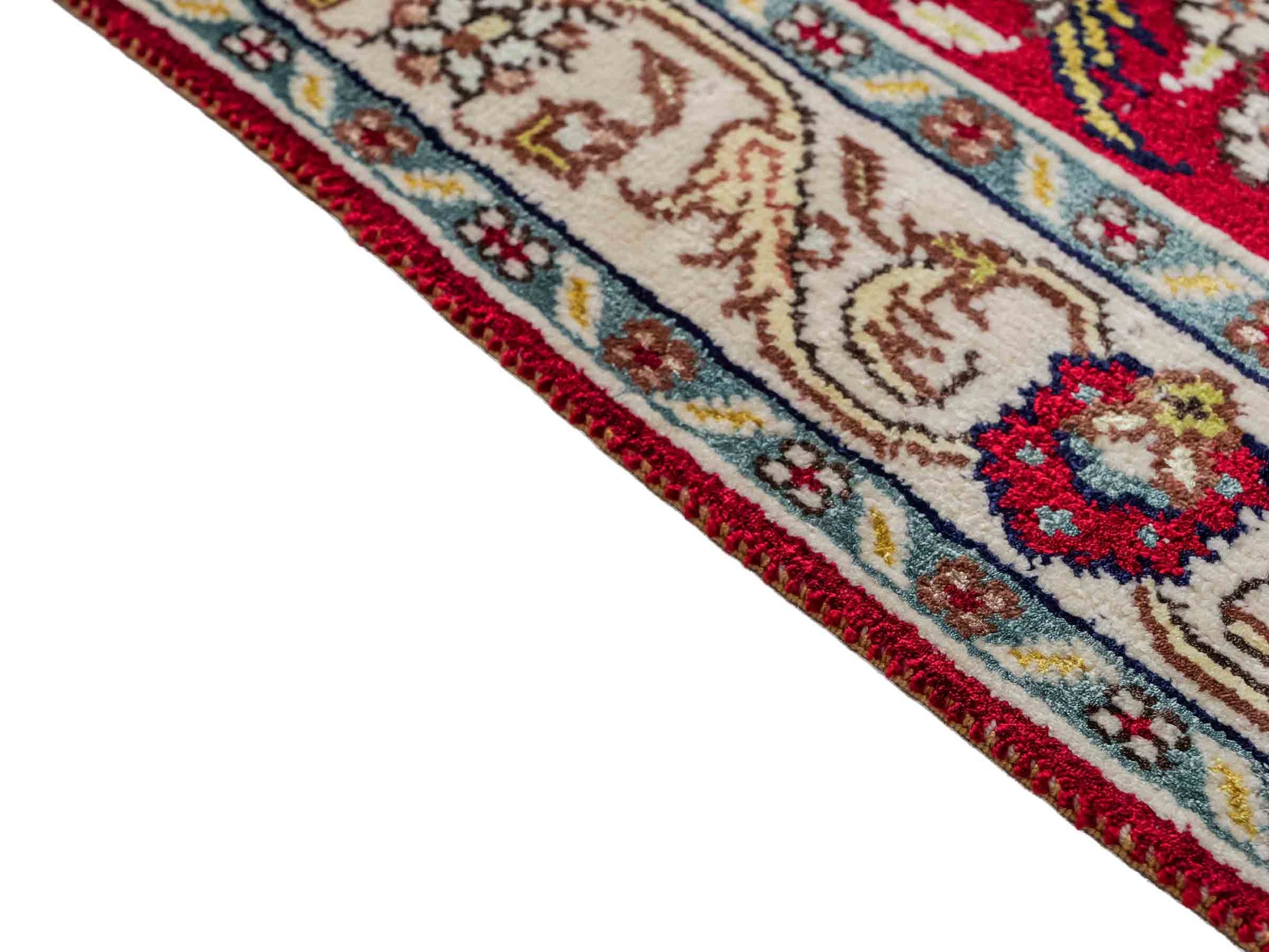 Feiner, handgeknüpfter, chinesischer Orientteppich mit Hereke Design aus Kunstseide, rot, creme, blau. 86x58 cm. Verkauf durch Jupiter Intl.