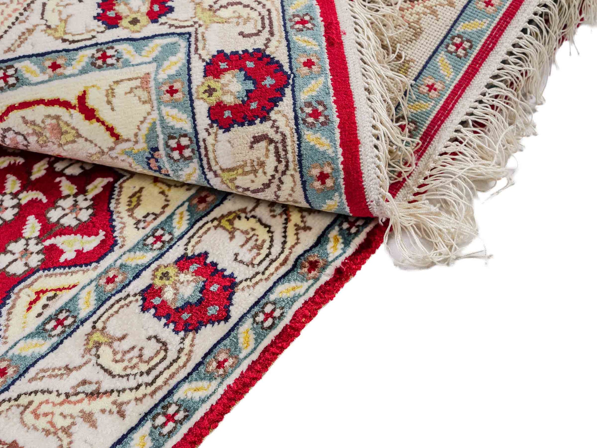 Feiner, handgeknüpfter, chinesischer Orientteppich mit Hereke Design aus Kunstseide, rot, creme, blau. 86x58 cm. Verkauf durch Jupiter Intl.