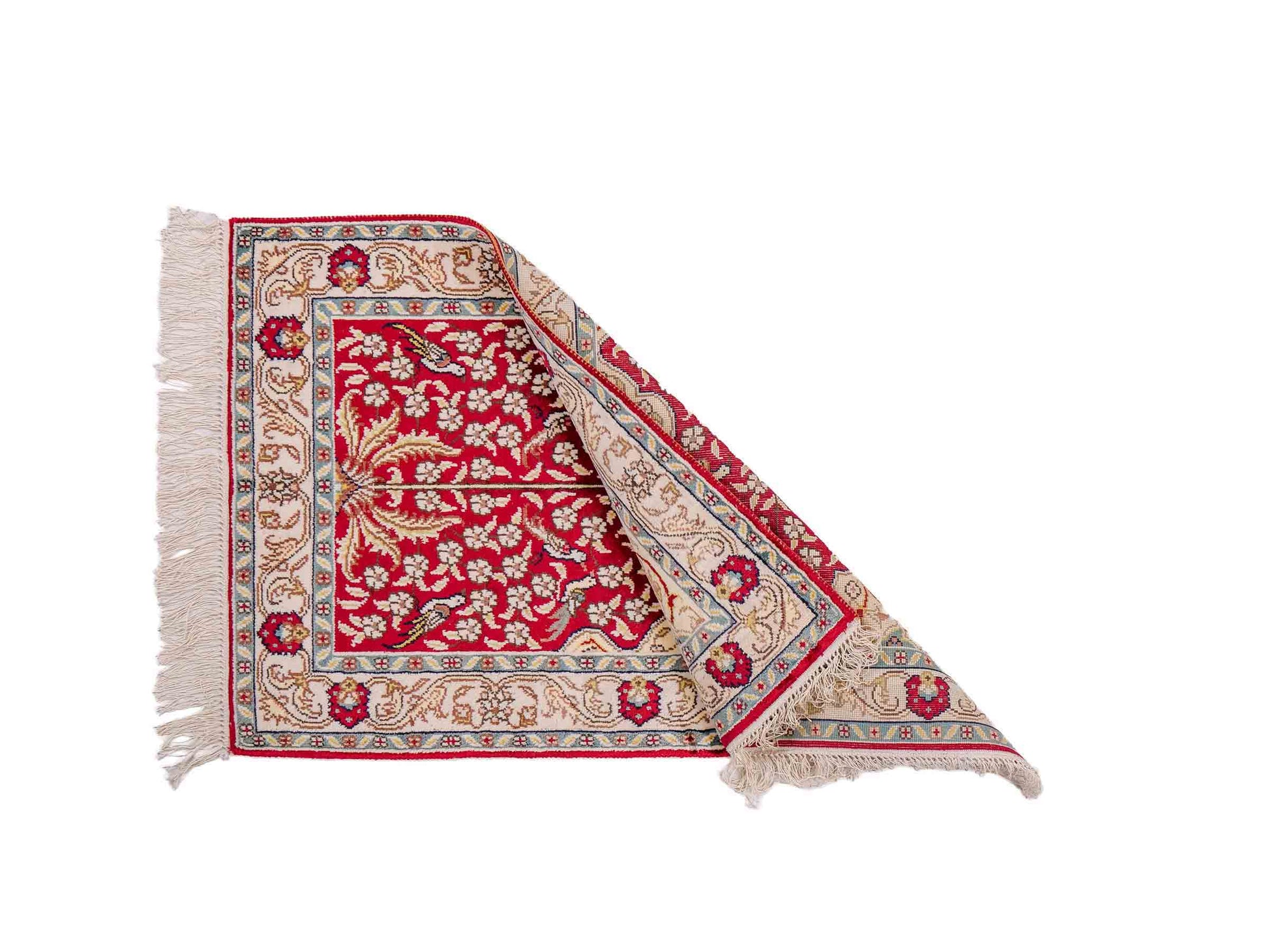 Feiner, handgeknüpfter, chinesischer Orientteppich mit Hereke Design aus Kunstseide, rot, creme, blau. 86x58 cm. Verkauf durch Jupiter Intl.