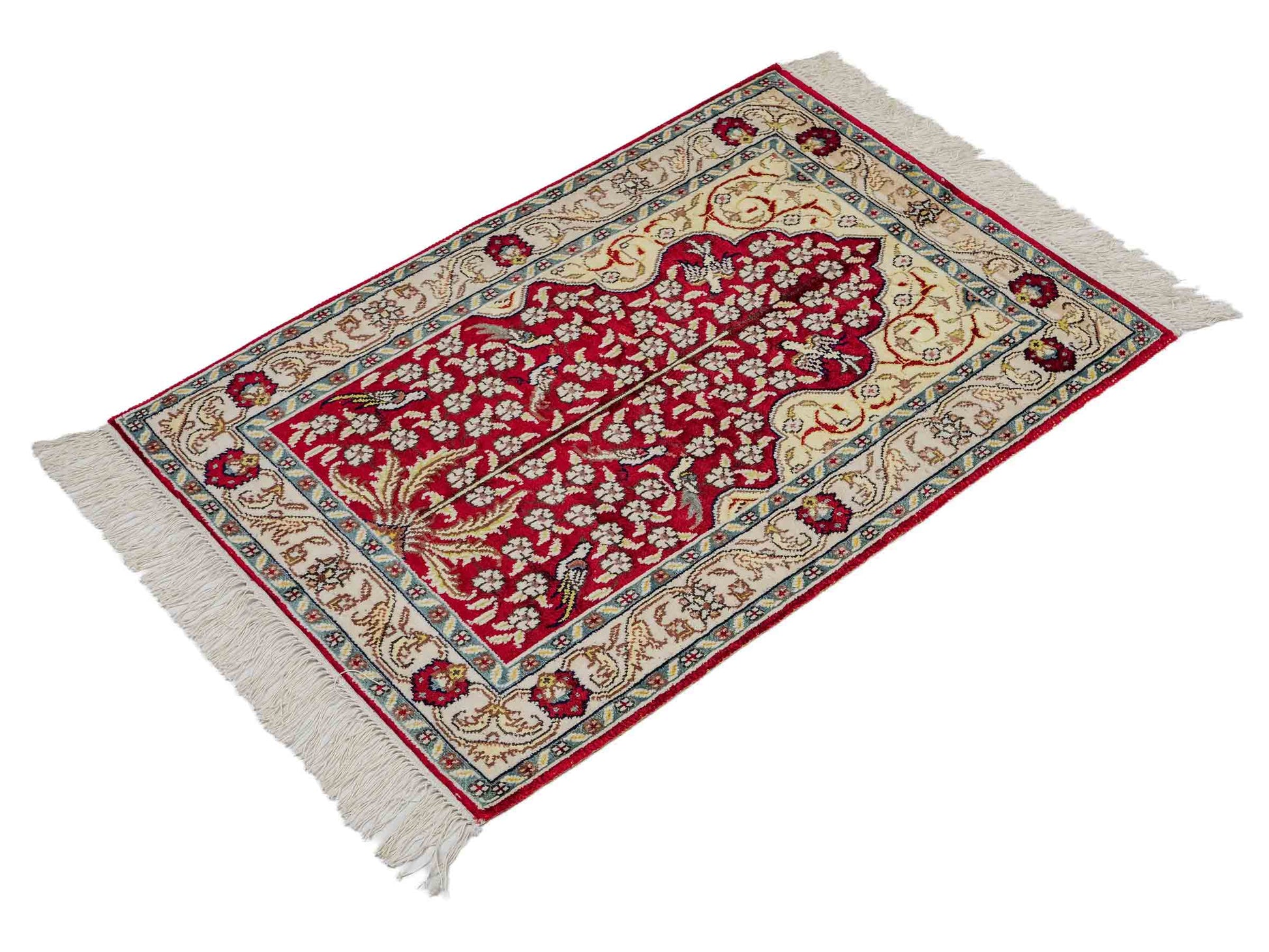 Feiner, handgeknüpfter, chinesischer Orientteppich mit Hereke Design aus Kunstseide, rot, creme, blau. 86x58 cm. Verkauf durch Jupiter Intl.