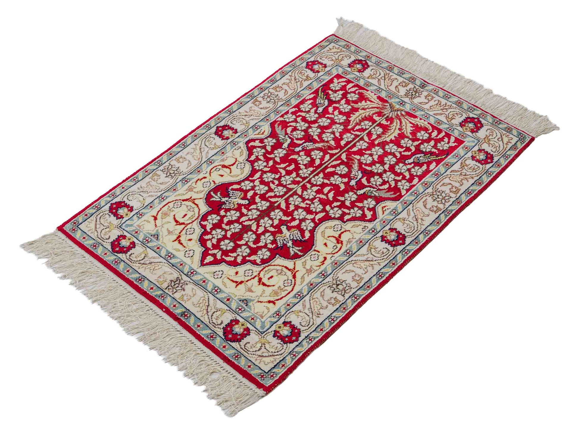 Feiner, handgeknüpfter, chinesischer Orientteppich mit Hereke Design aus Kunstseide, rot, creme, blau. 86x58 cm. Verkauf durch Jupiter Intl.