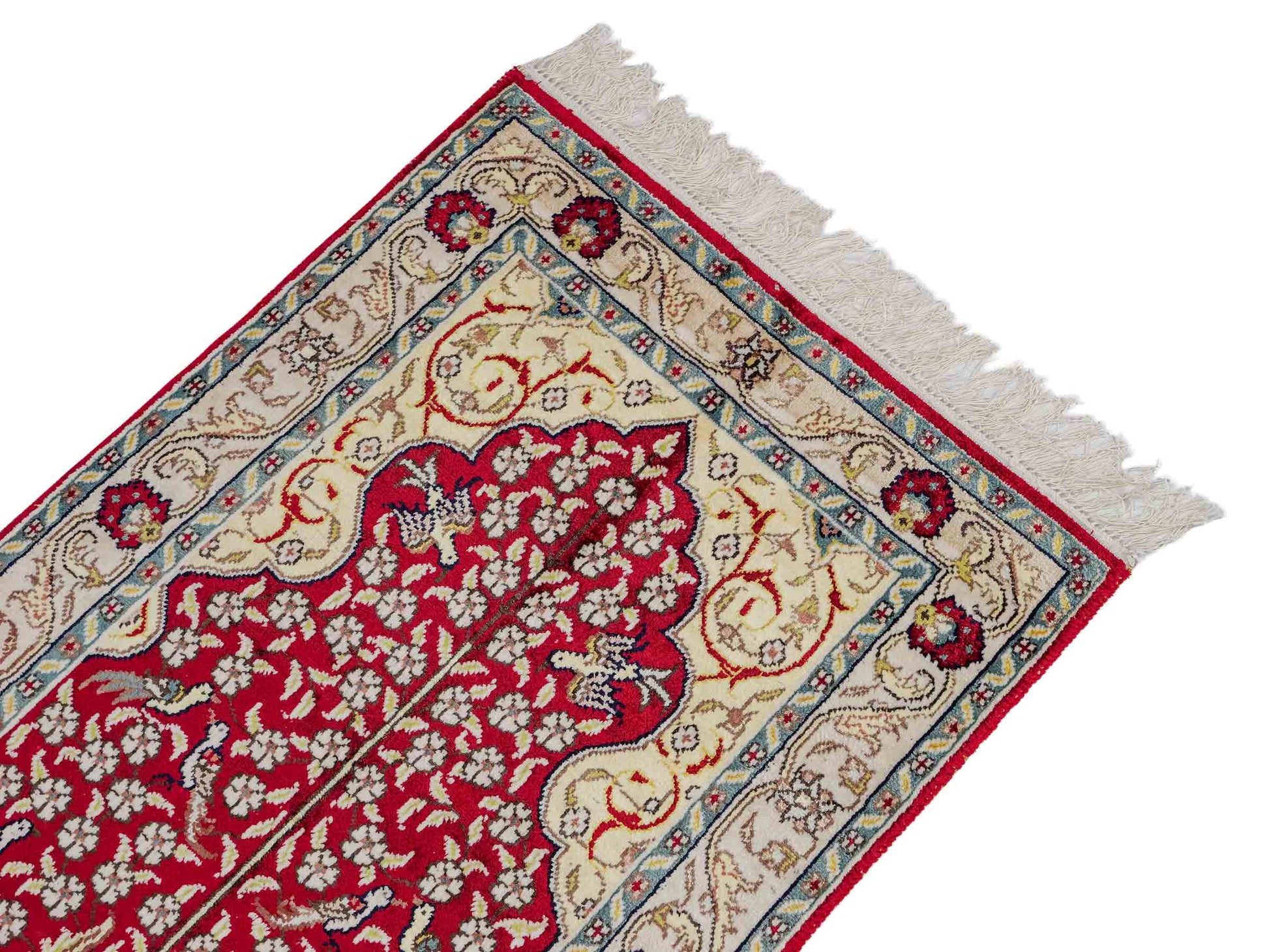 Feiner, handgeknüpfter, chinesischer Orientteppich mit Hereke Design aus Kunstseide, rot, creme, blau. 86x58 cm. Verkauf durch Jupiter Intl.