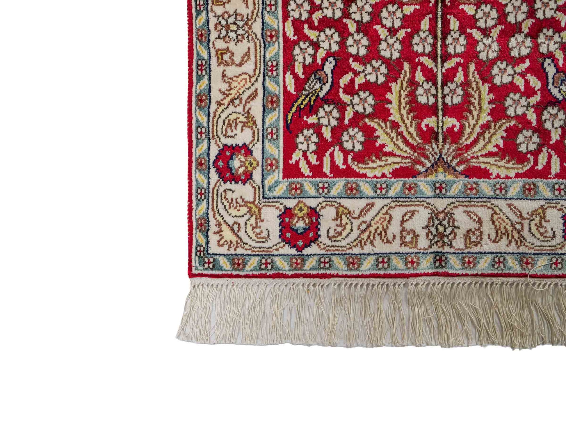 Feiner, handgeknüpfter, chinesischer Orientteppich mit Hereke Design aus Kunstseide, rot, creme, blau. 86x58 cm. Verkauf durch Jupiter Intl.