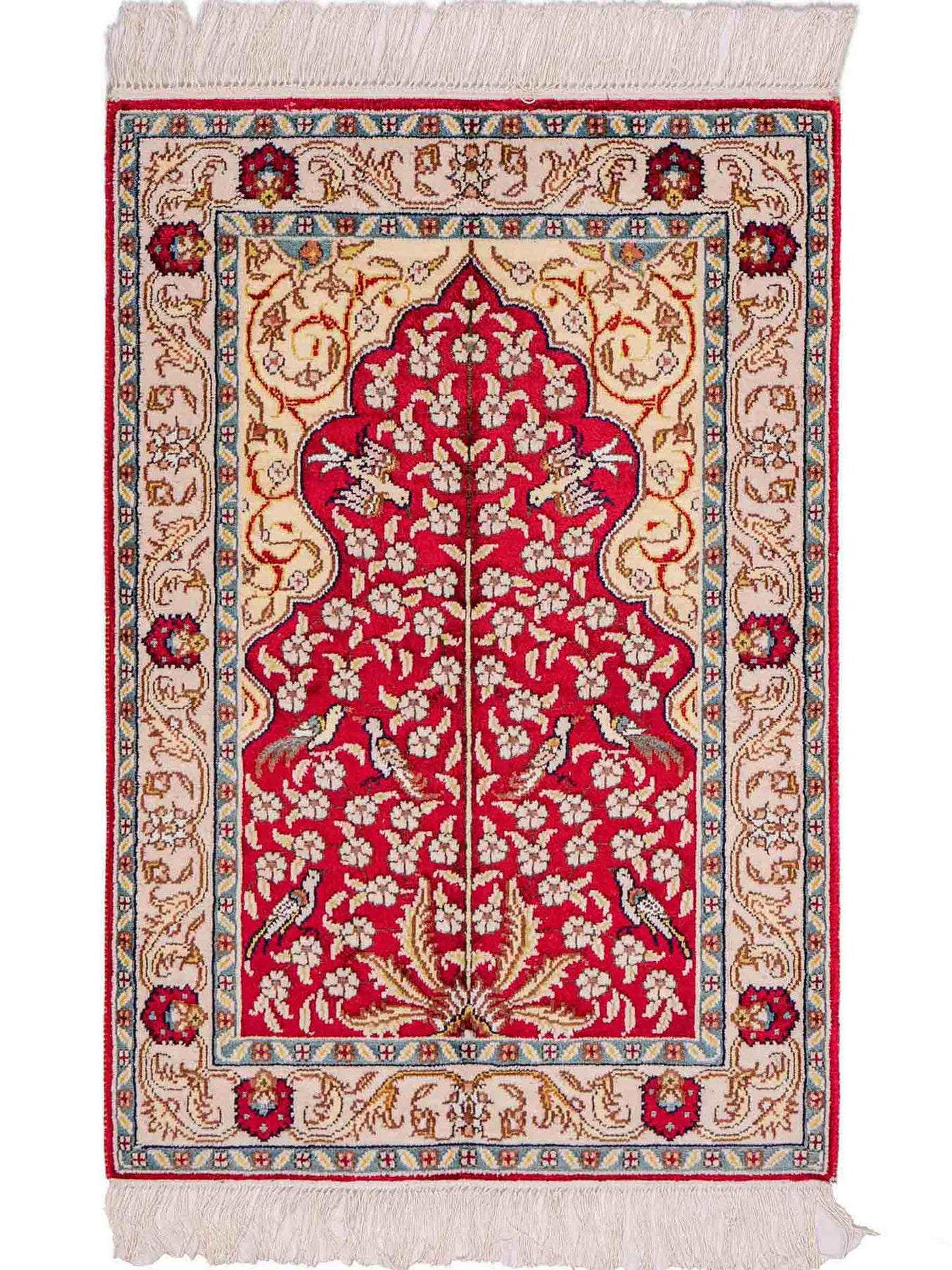 Feiner, handgeknüpfter, chinesischer Orientteppich mit Hereke Design aus Kunstseide, rot, creme, blau. 89x58 cm. Verkauf durch Jupiter Intl.