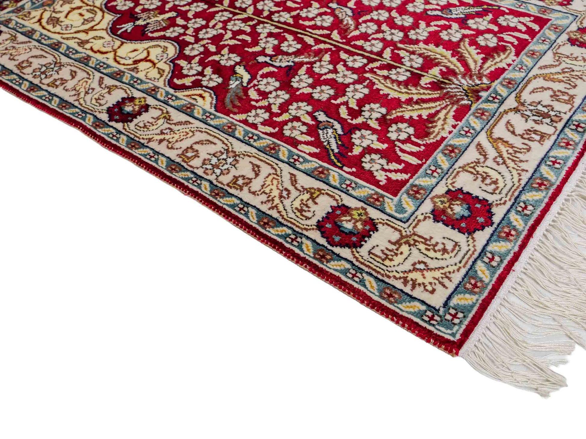 Feiner, handgeknüpfter, chinesischer Orientteppich mit Hereke Design aus Kunstseide, rot, creme, blau. 89x58 cm. Verkauf durch Jupiter Intl.