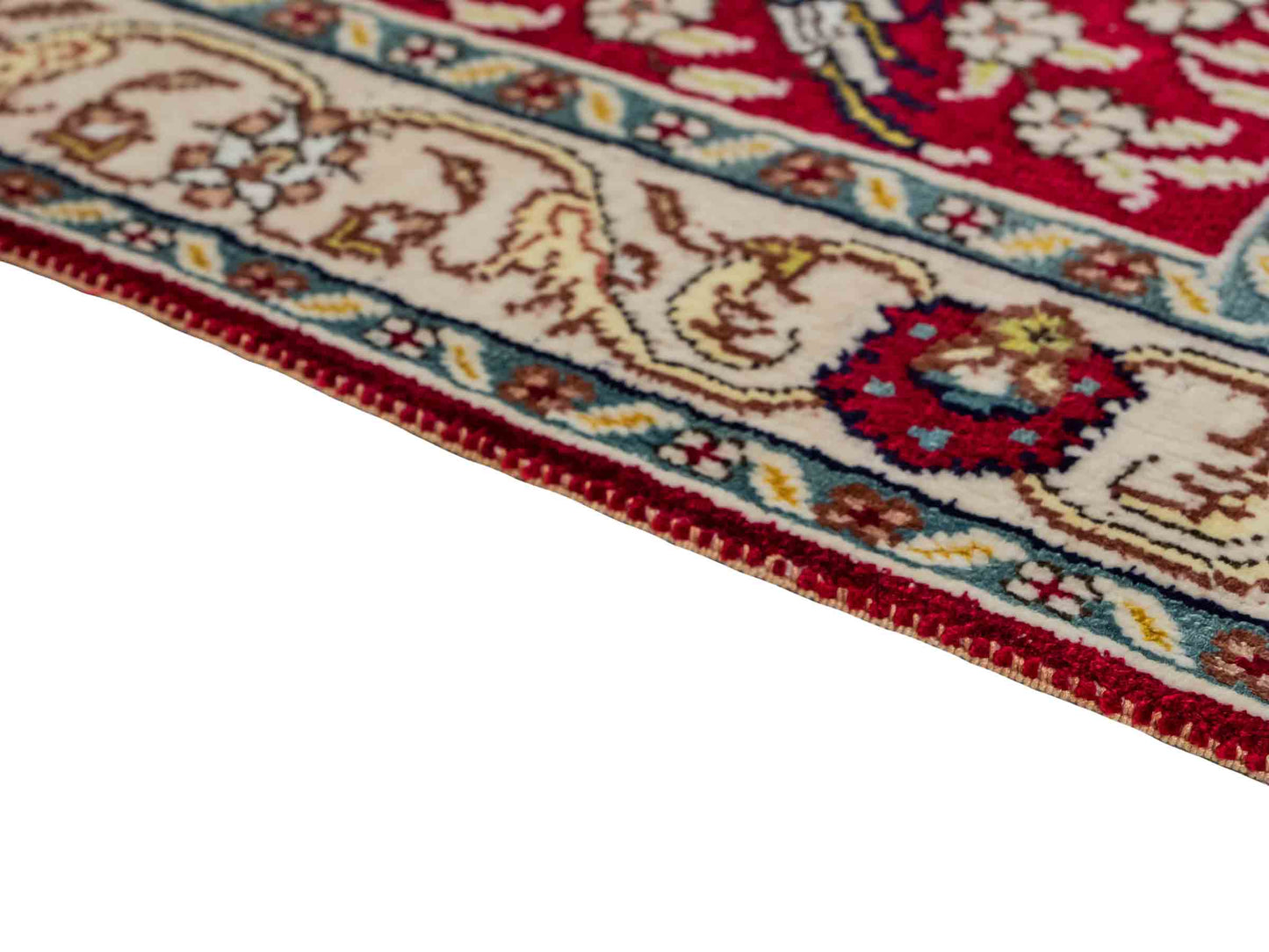 Feiner, handgeknüpfter, chinesischer Orientteppich mit Hereke Design aus Kunstseide, rot, creme, blau. 89x58 cm. Verkauf durch Jupiter Intl.