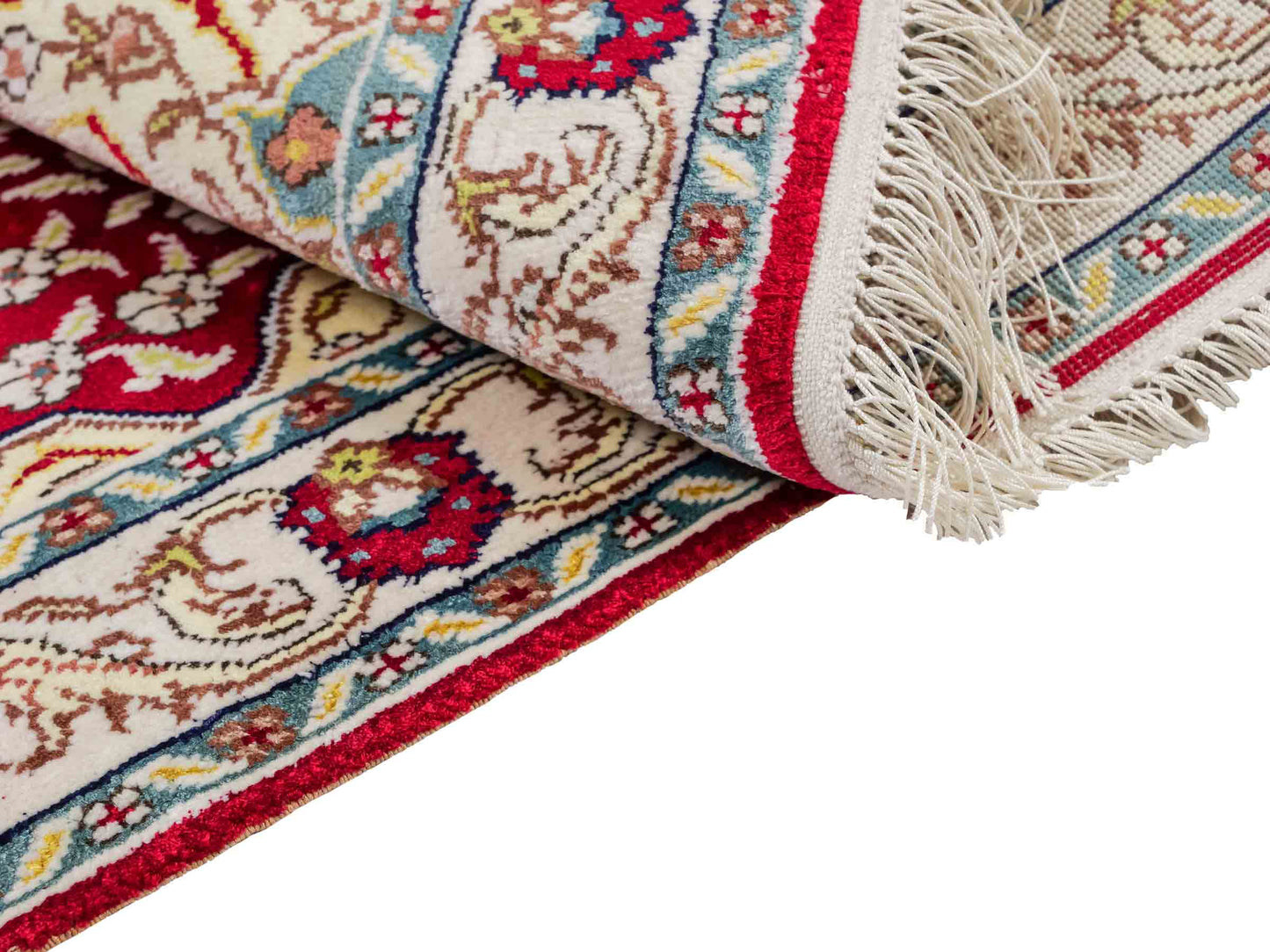 Feiner, handgeknüpfter, chinesischer Orientteppich mit Hereke Design aus Kunstseide, rot, creme, blau. 89x58 cm. Verkauf durch Jupiter Intl.