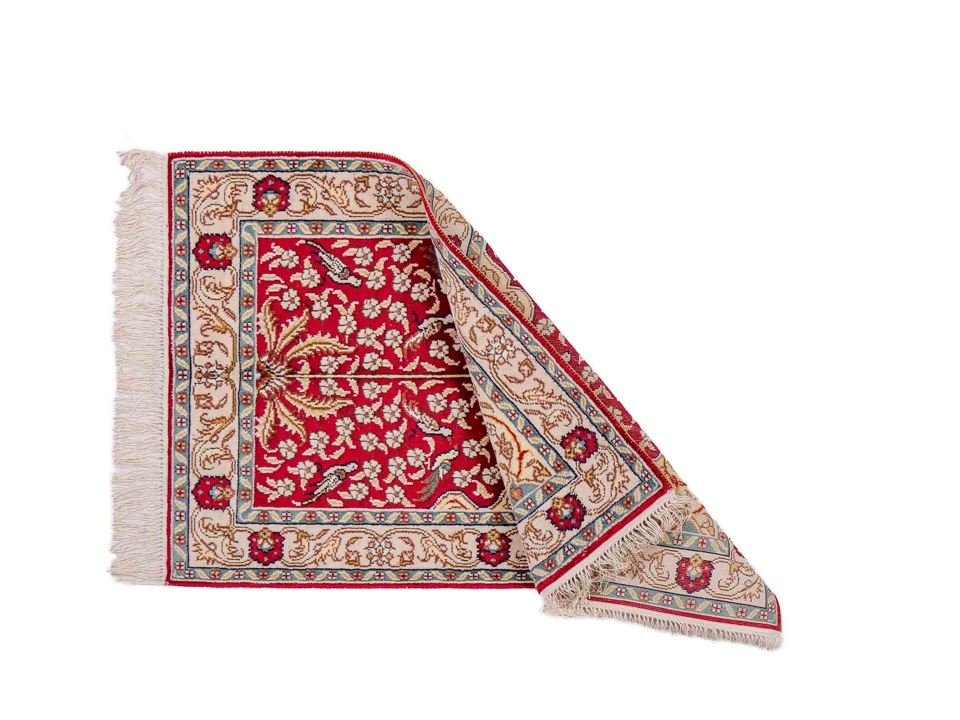Feiner, handgeknüpfter, chinesischer Orientteppich mit Hereke Design aus Kunstseide, rot, creme, blau. 89x58 cm. Verkauf durch Jupiter Intl.