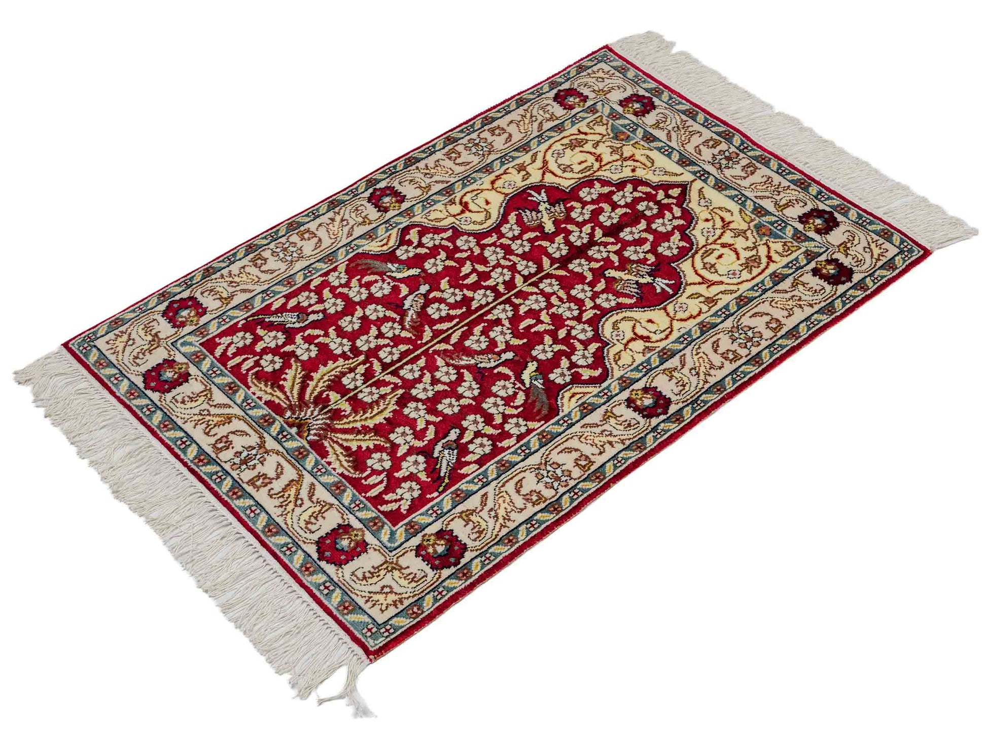 Feiner, handgeknüpfter, chinesischer Orientteppich mit Hereke Design aus Kunstseide, rot, creme, blau. 89x58 cm. Verkauf durch Jupiter Intl.