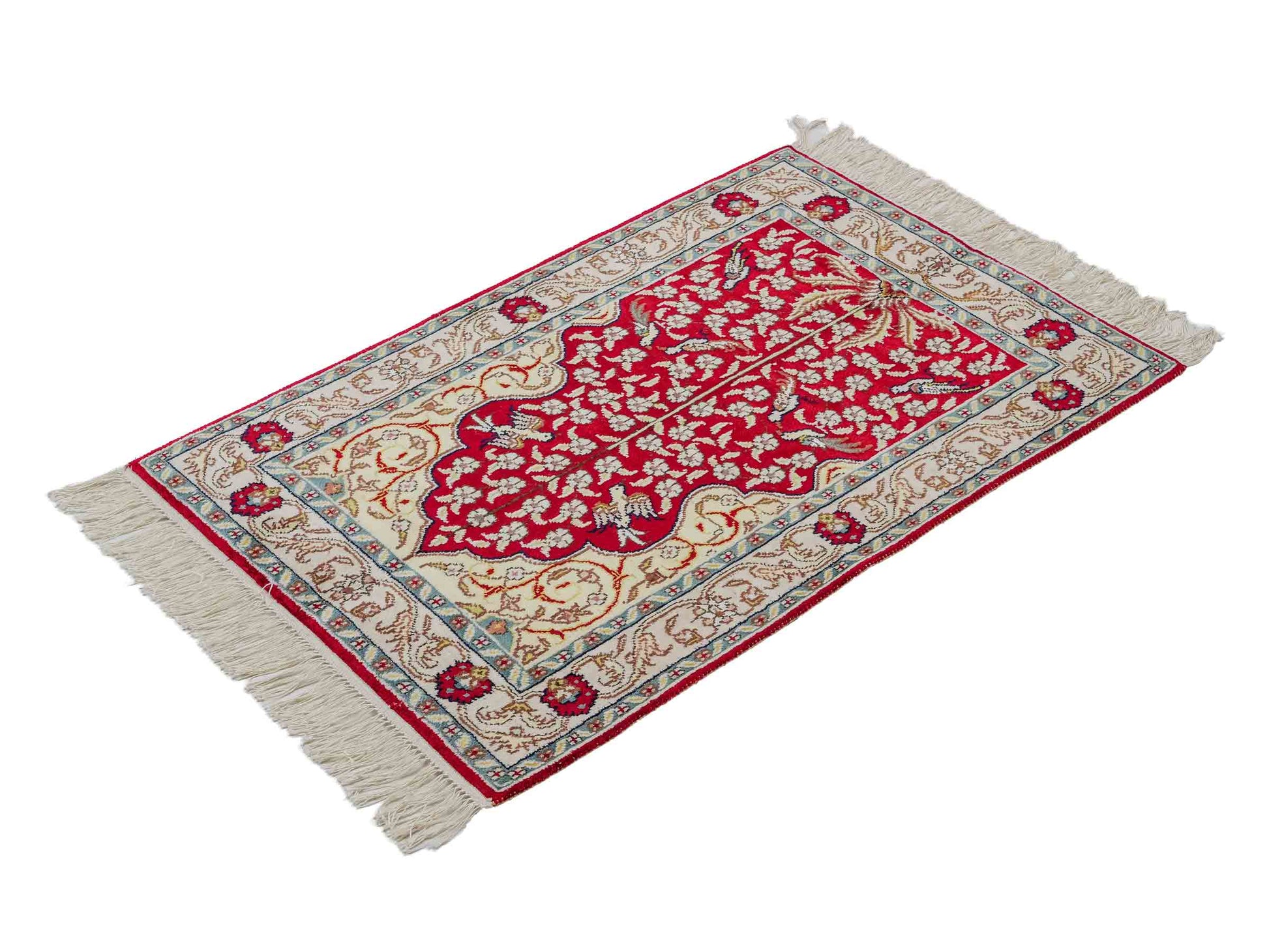 Feiner, handgeknüpfter, chinesischer Orientteppich mit Hereke Design aus Kunstseide, rot, creme, blau. 89x58 cm. Verkauf durch Jupiter Intl.