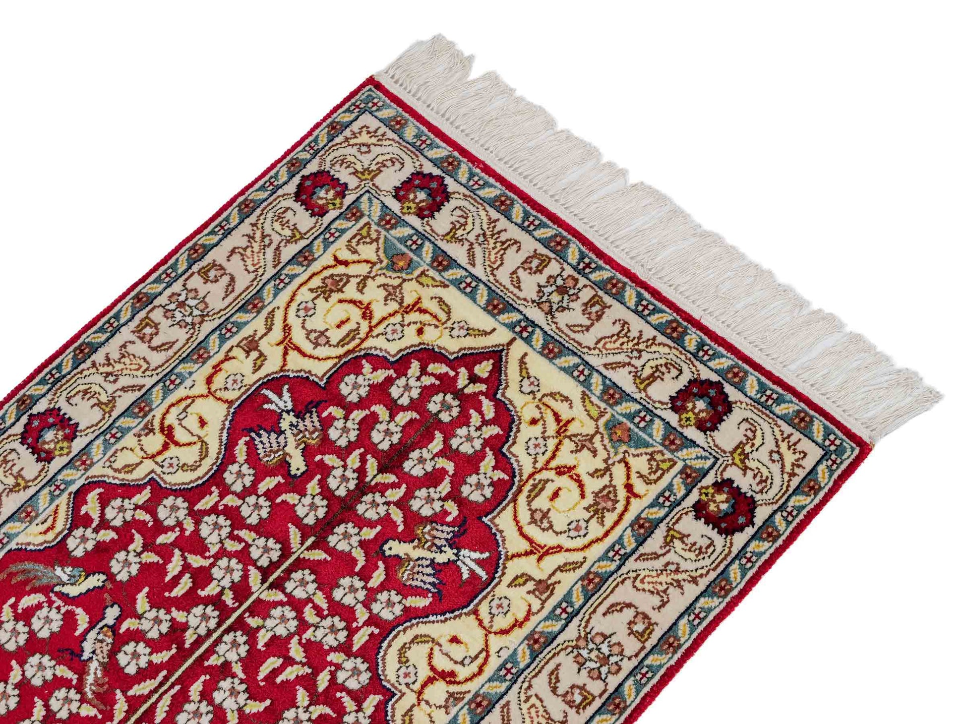 Feiner, handgeknüpfter, chinesischer Orientteppich mit Hereke Design aus Kunstseide, rot, creme, blau. 89x58 cm. Verkauf durch Jupiter Intl.