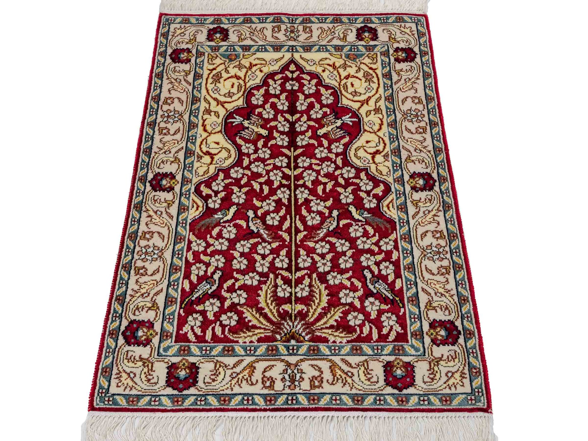Feiner, handgeknüpfter, chinesischer Orientteppich mit Hereke Design aus Kunstseide, rot, creme, blau. 89x58 cm. Verkauf durch Jupiter Intl.