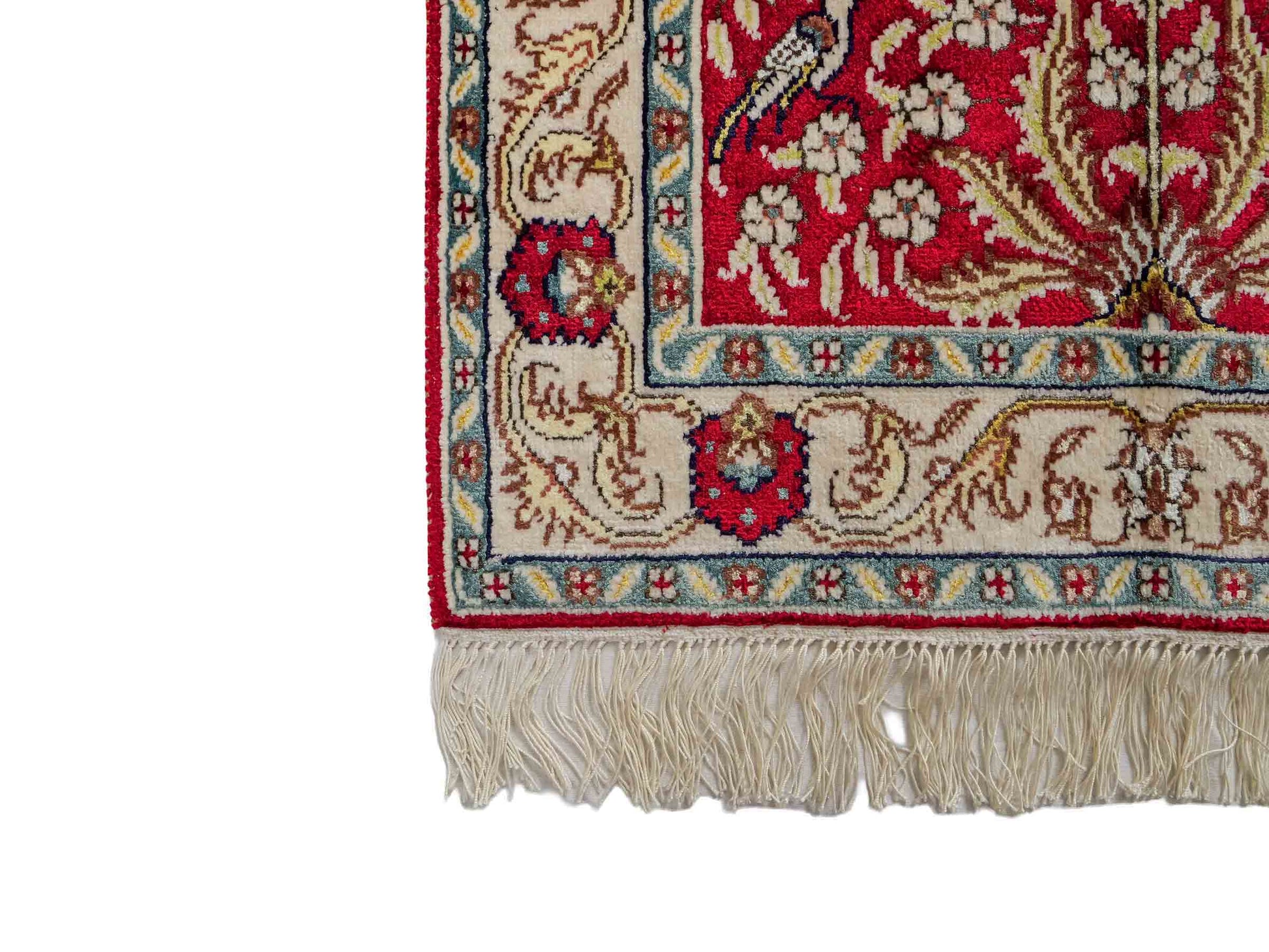 Feiner, handgeknüpfter, chinesischer Orientteppich mit Hereke Design aus Kunstseide, rot, creme, blau. 89x58 cm. Verkauf durch Jupiter Intl.