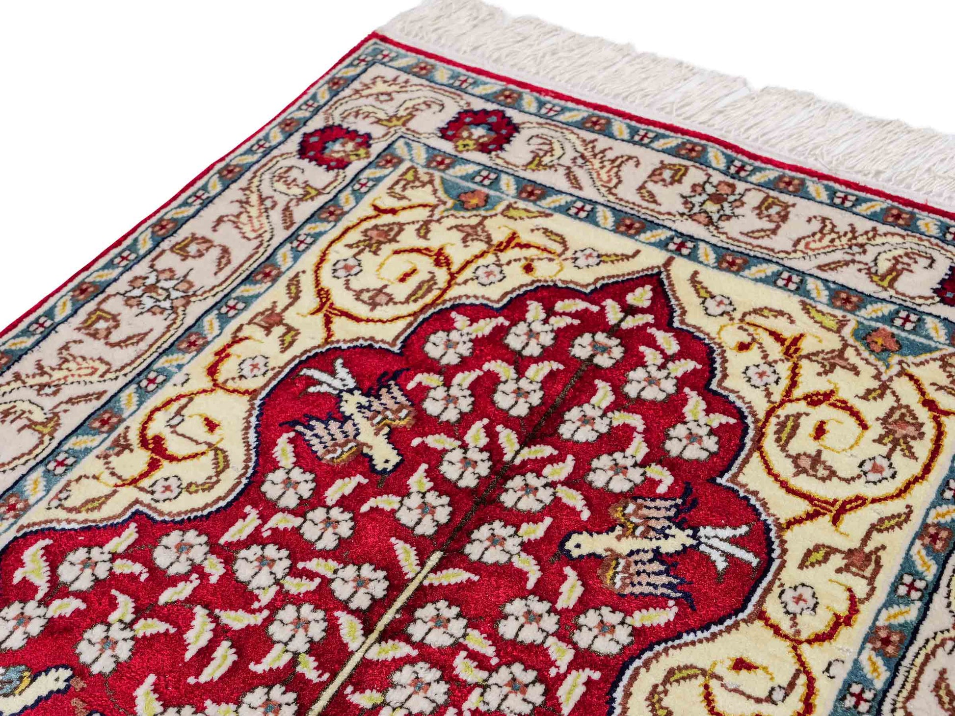 Feiner, handgeknüpfter, chinesischer Orientteppich mit Hereke Design aus Kunstseide, rot, creme, blau. 89x58 cm. Verkauf durch Jupiter Intl.