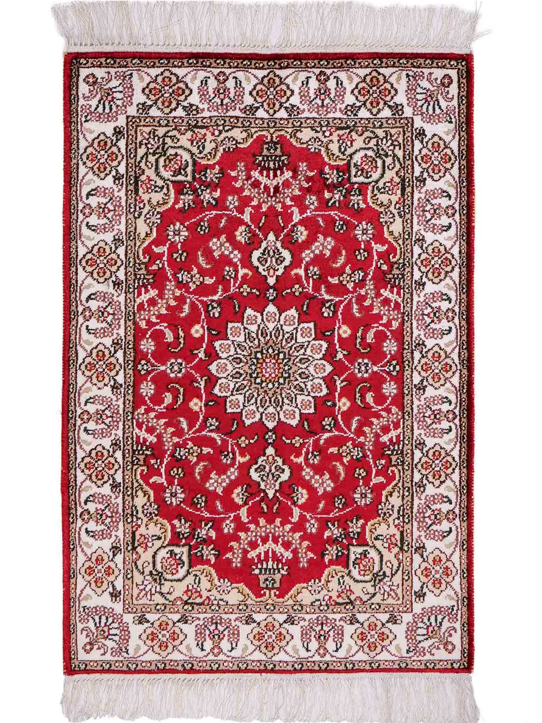 Feiner, handgeknüpfter, chinesischer Orientteppich mit Hereke Design aus Kunstseide, rot, weiß, creme. 91x62 cm. Verkauf durch Jupiter Intl.