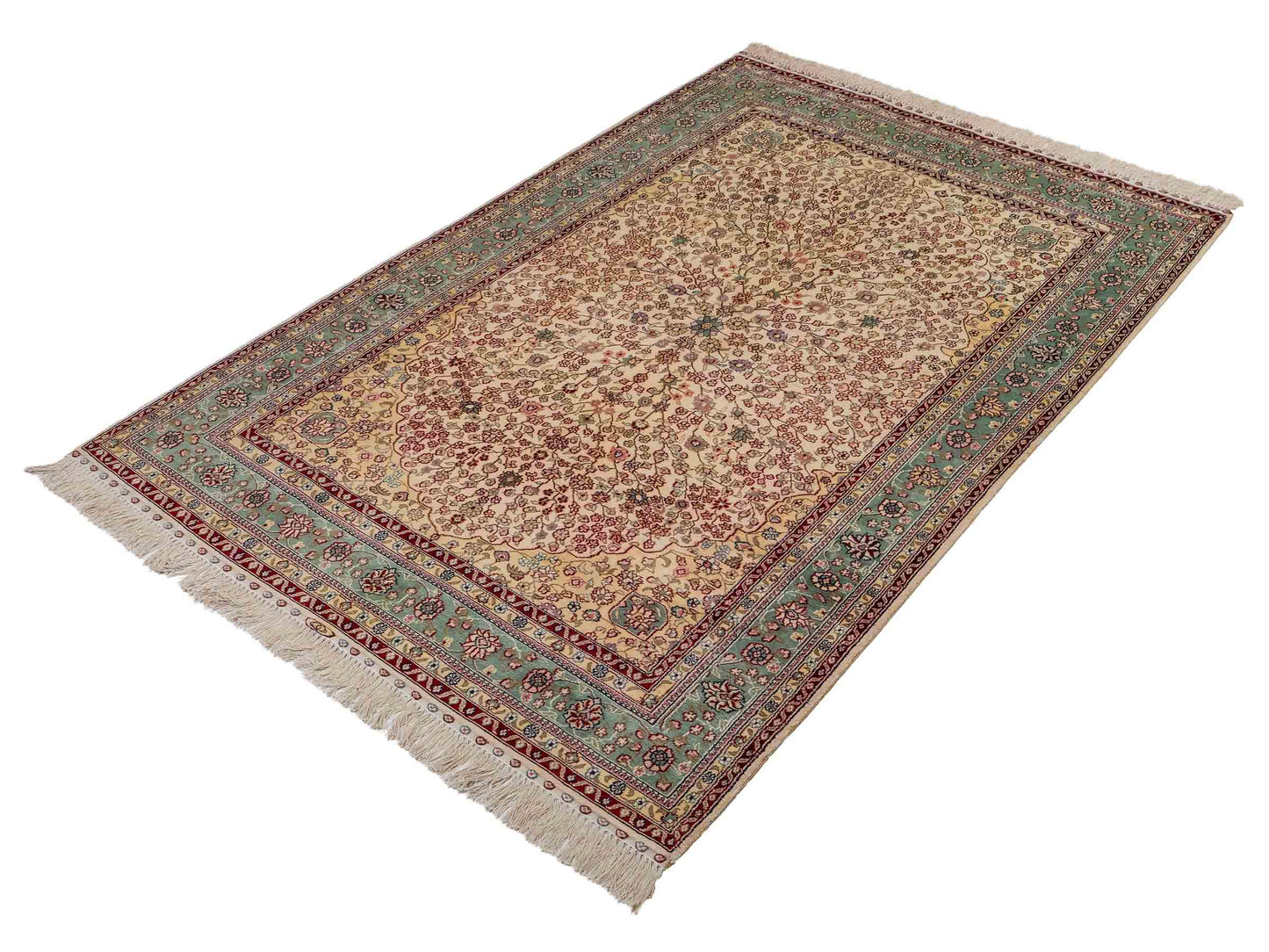 Sehr feiner, handgeknüpfter China Hereke Orientteppich aus Viskose, creme, weiß, blau, rot. 190x123 cm. Verkauf durch Jupiter Intl.