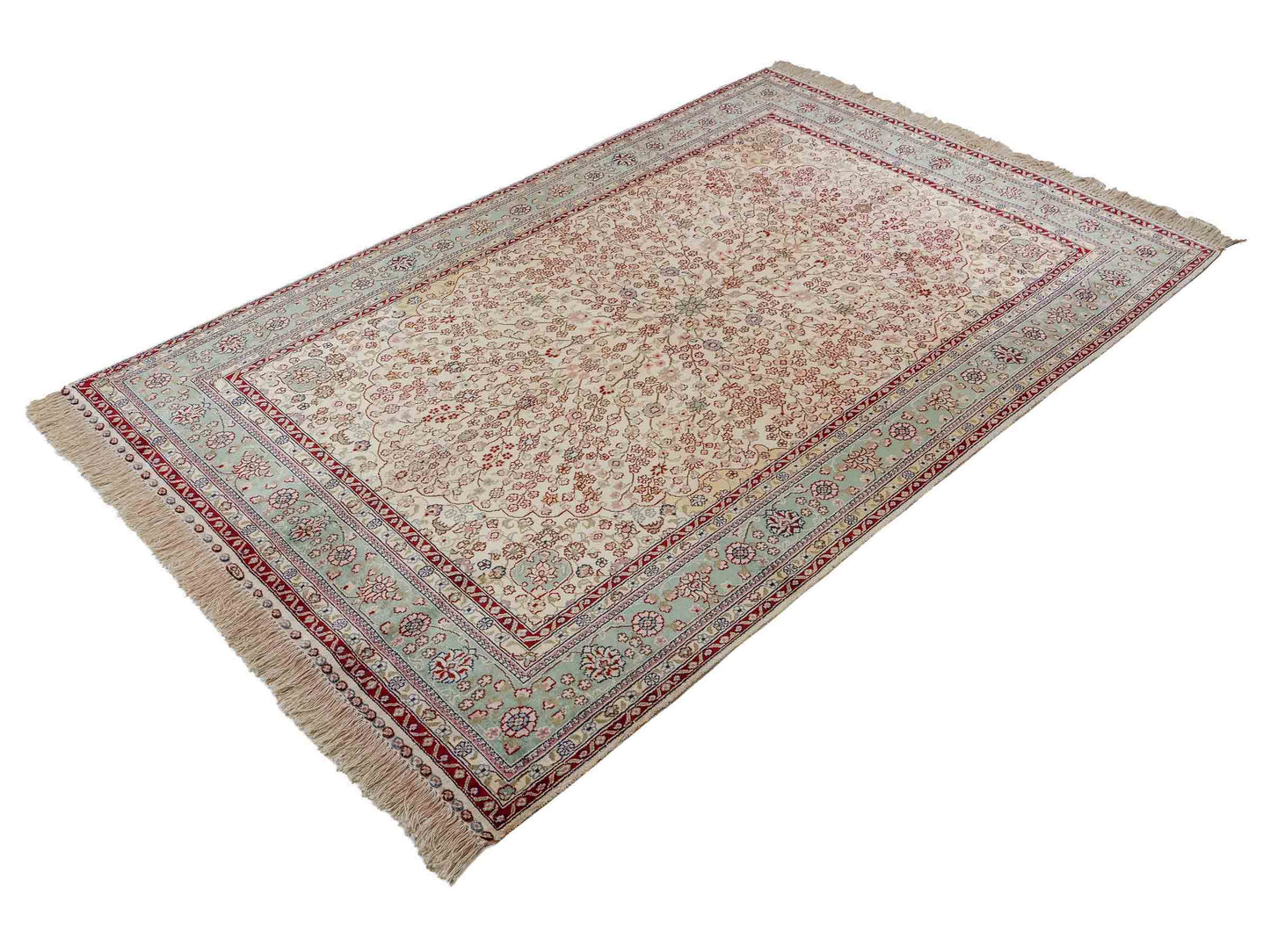 Sehr feiner, handgeknüpfter China Hereke Orientteppich aus Viskose, creme, weiß, blau, rot. 190x123 cm. Verkauf durch Jupiter Intl.