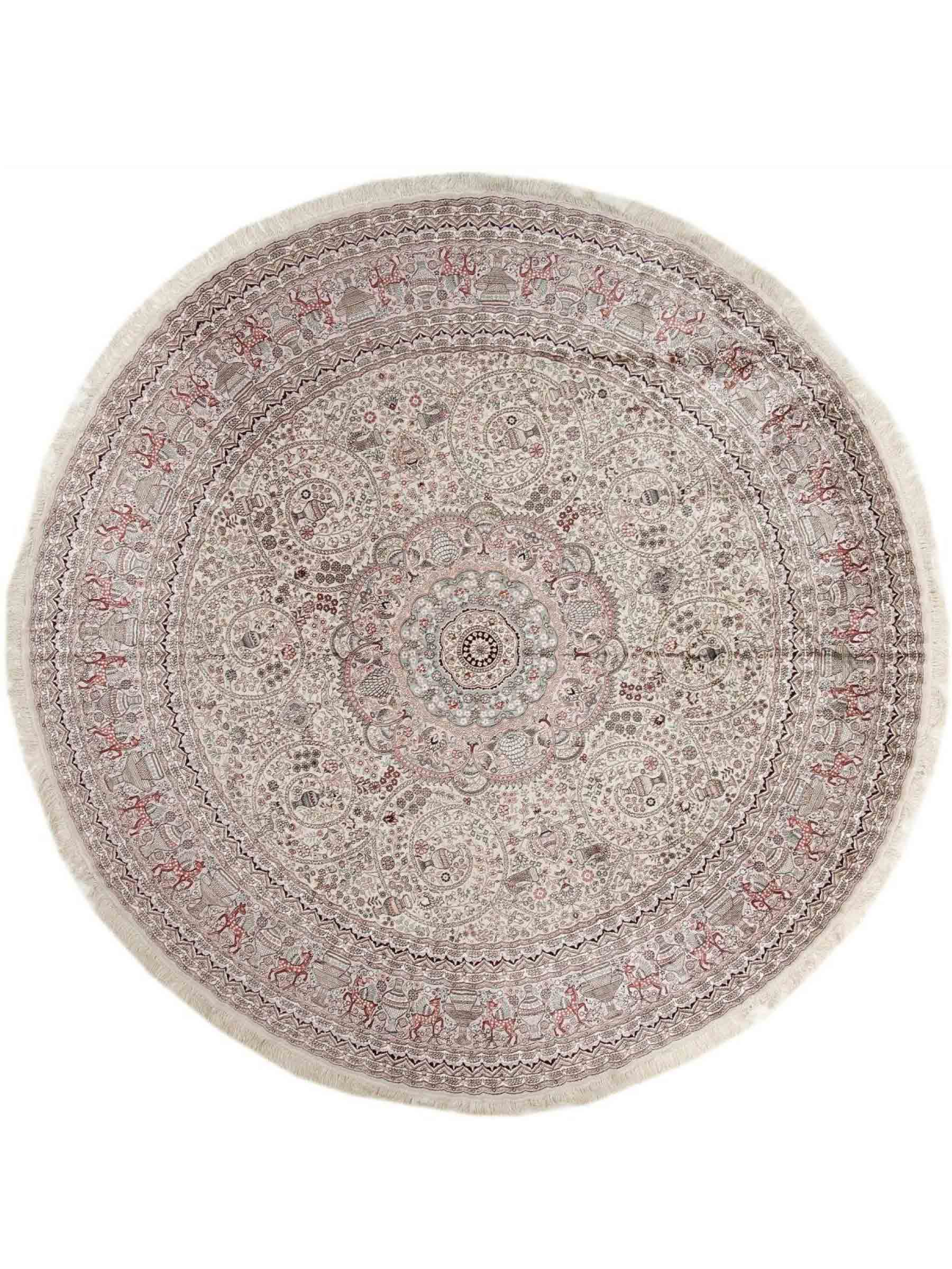 Feiner, handgeknüpfter, runder, chinesischer Orientteppich mit Ghom Design aus Kunstseide, creme, weiß, rosa. 300x300 cm. Verkauf durch Jupiter Intl.